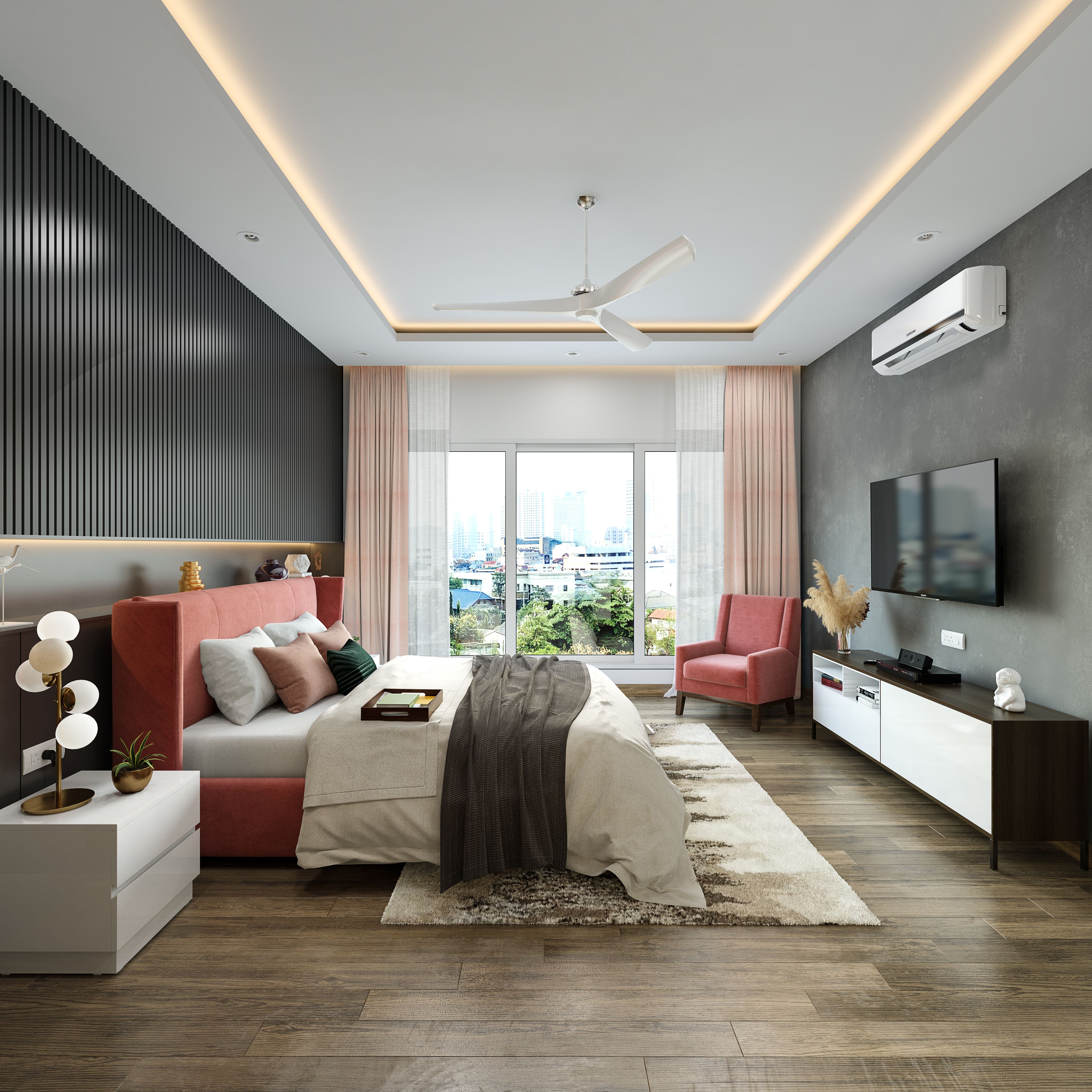 Modern Master Bedroom With Large French Windows