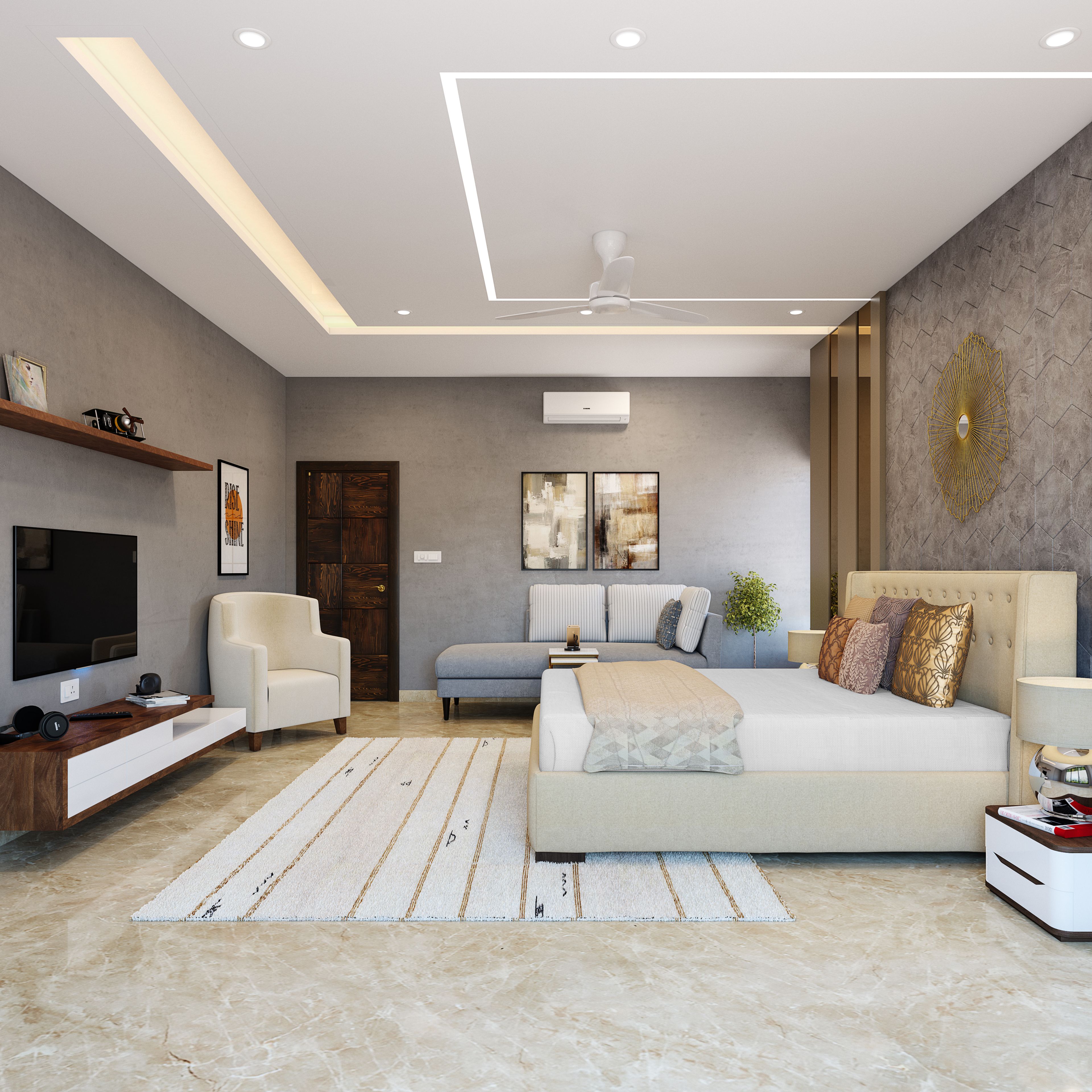 Luxury Master Bedroom With Metallic Piece On Wall