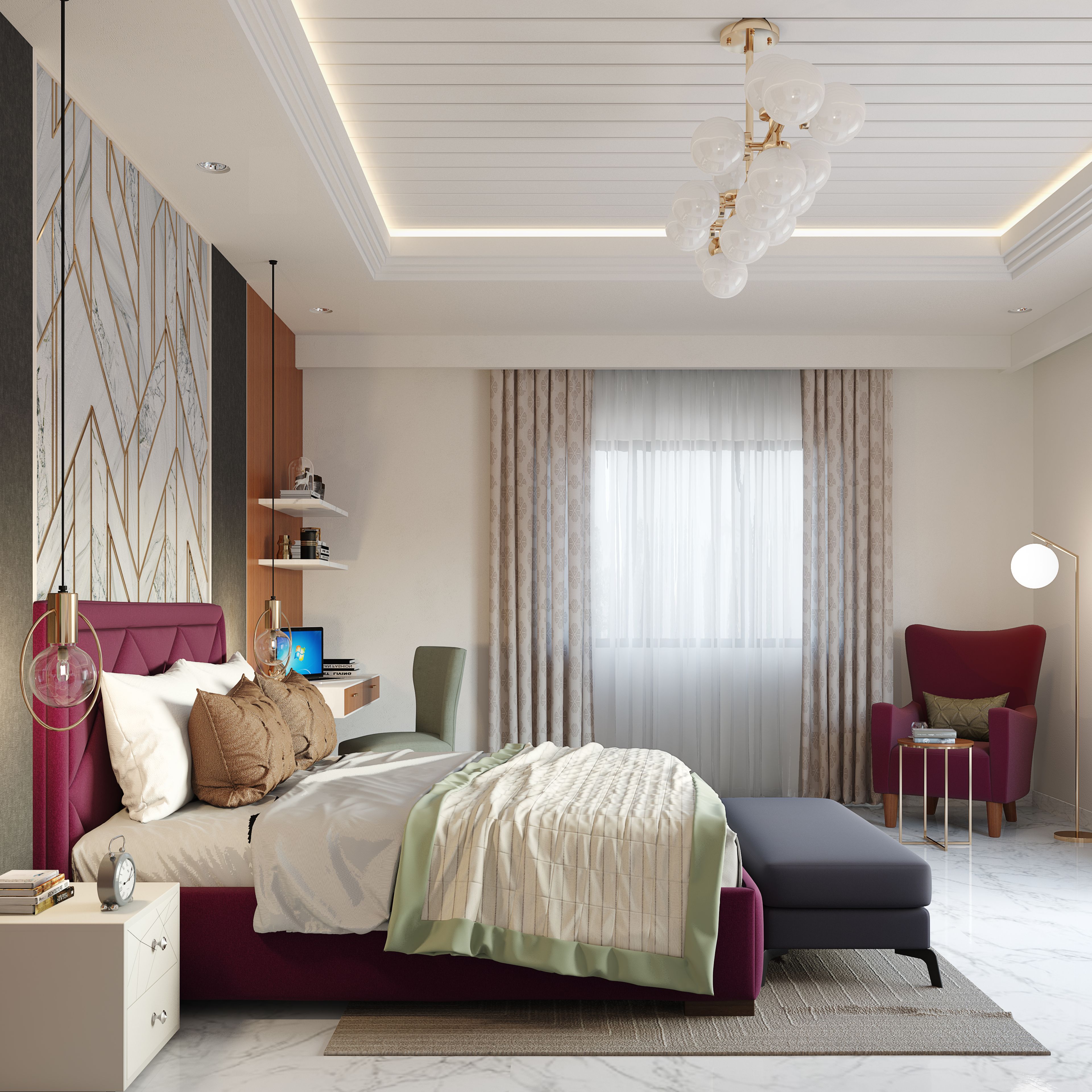 Small Master Bedroom With Drop Lights And Patterned Wallpaper