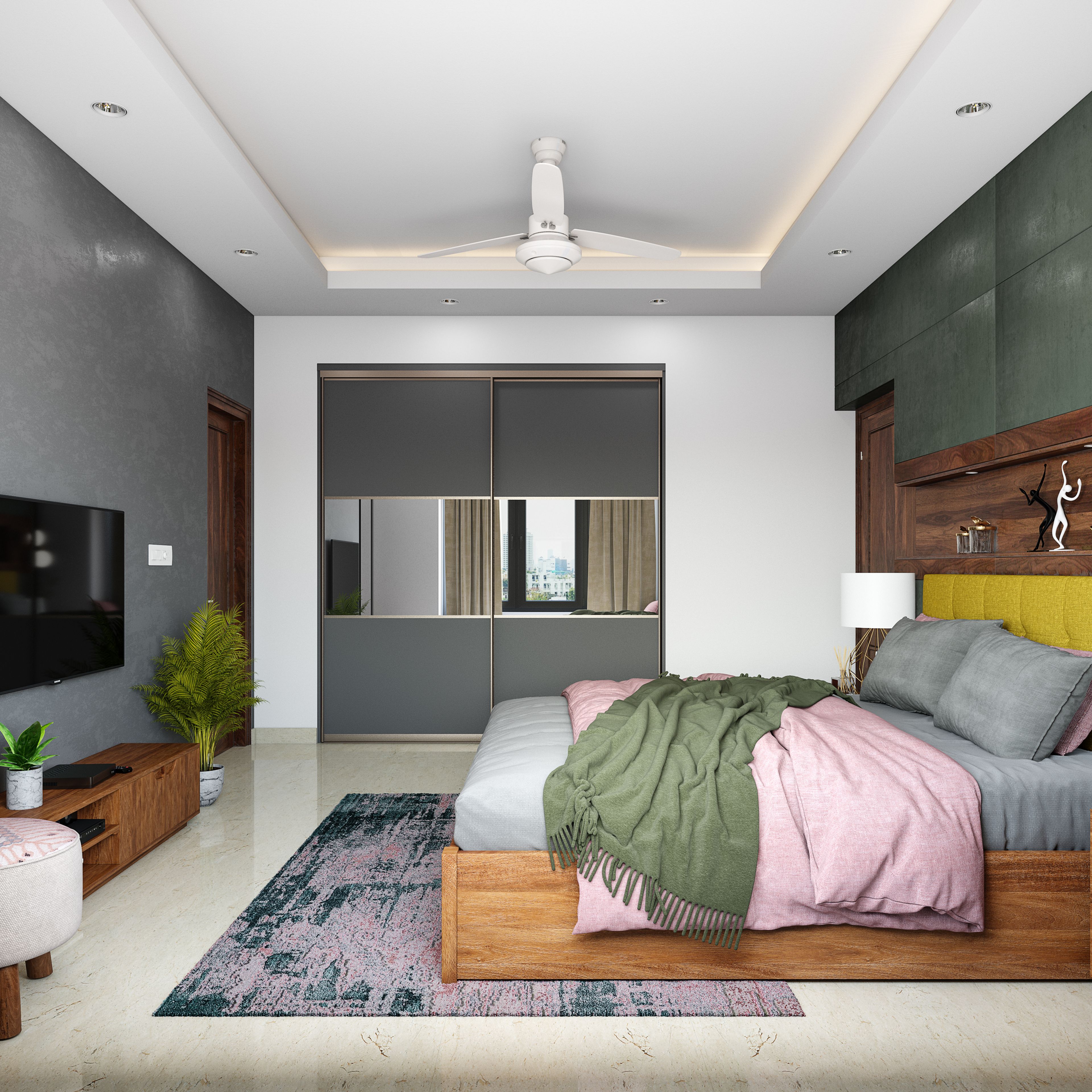 Small Master Bedroom With Grey Colour And Sliding Wardrobes