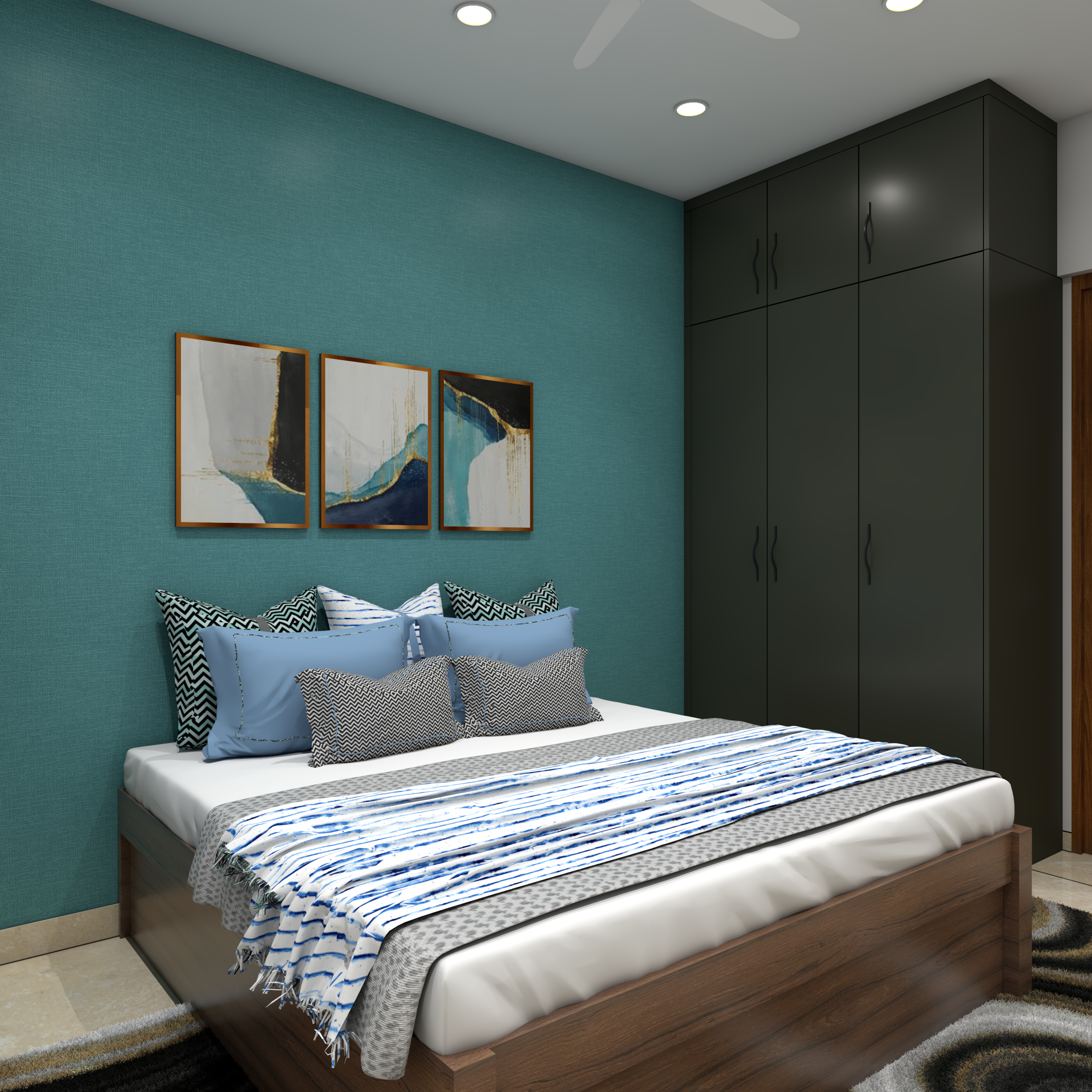 Small Master Bedroom With Teal wall With Contrasting Frames