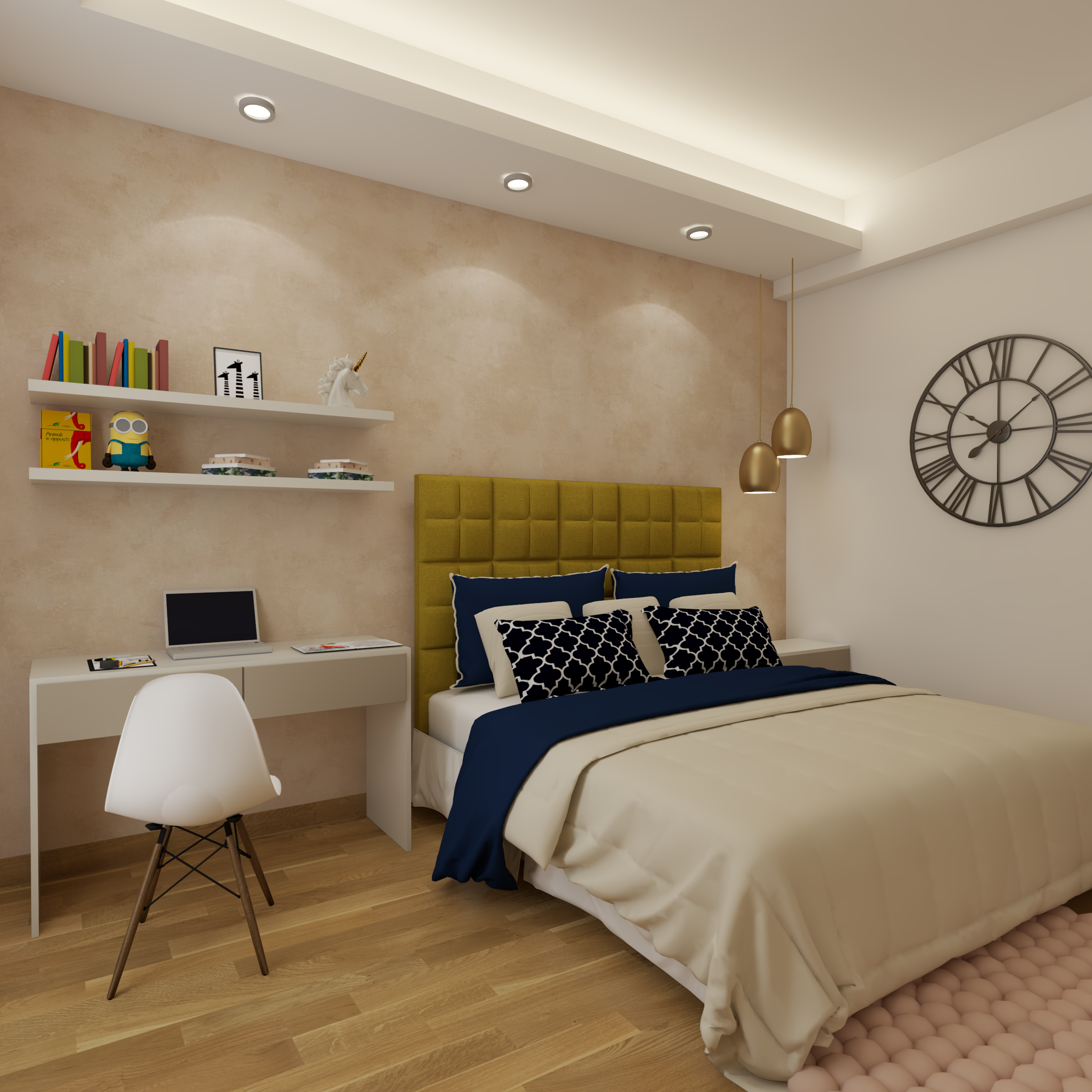 Small Master Bedroom With Customised Bed And Study Table