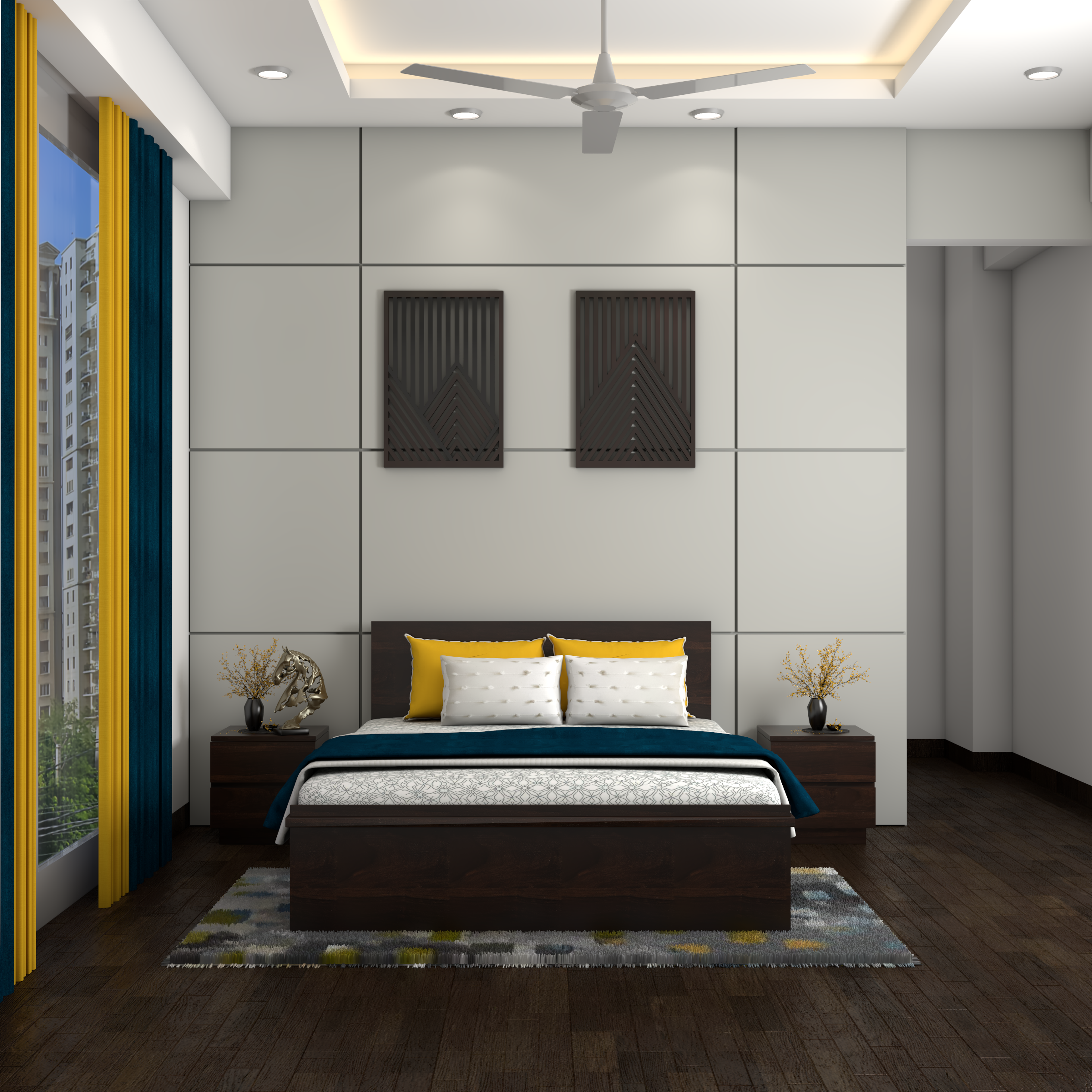 Modern Master Bedroom With Panels On Accent Wall