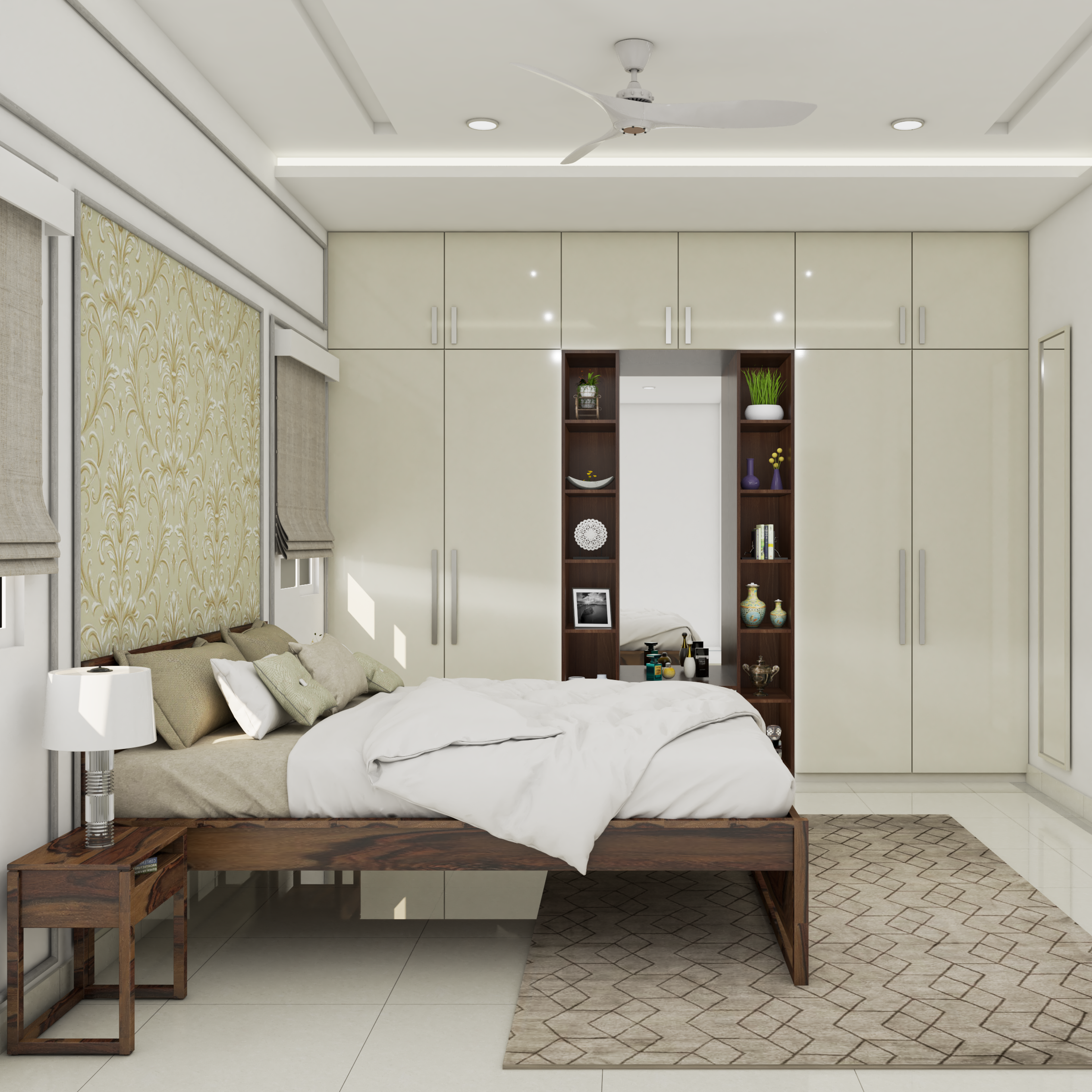 Small Master Bedroom With Dark Laminated Open Units