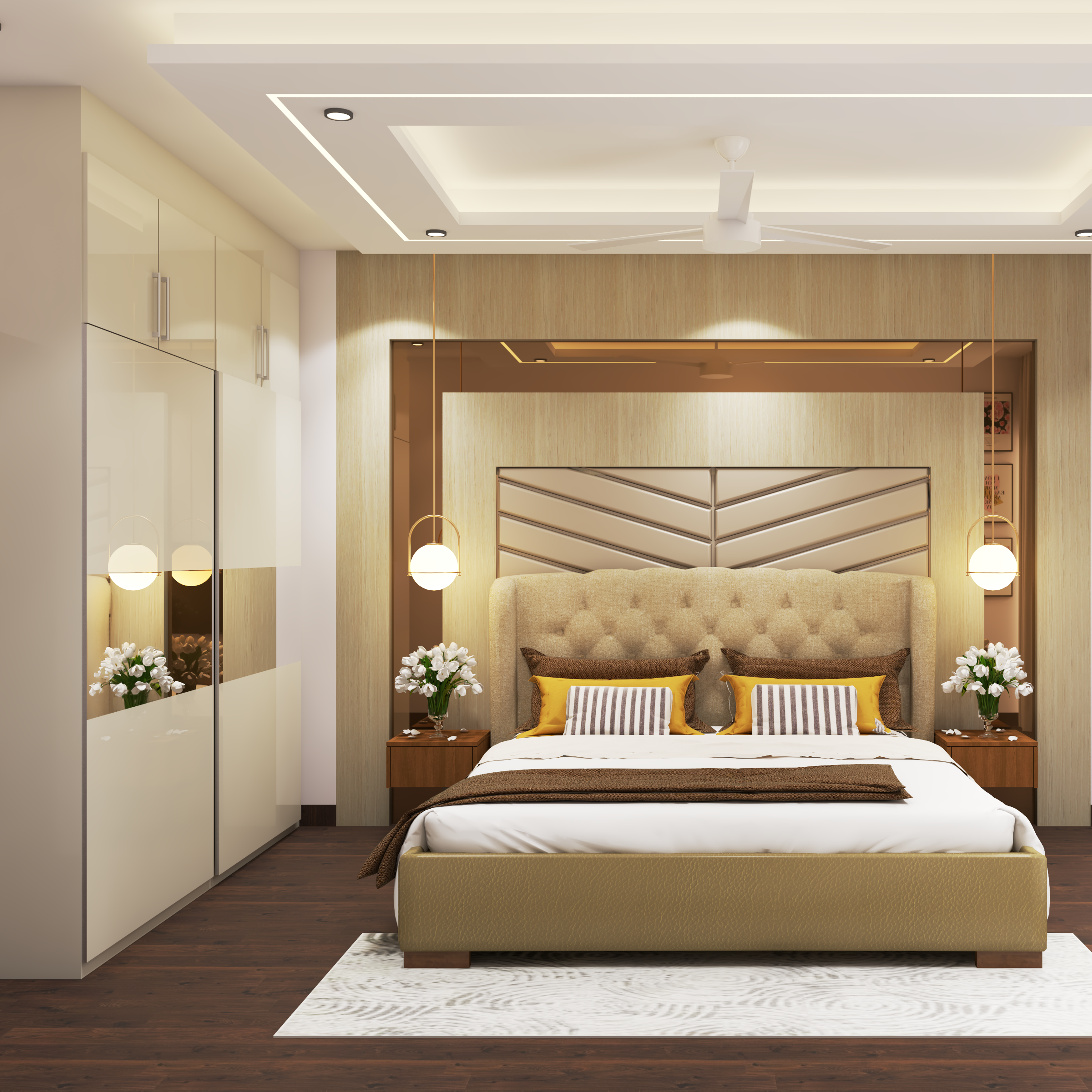 Master Bedroom With Wooden Trims And A wooden Palmet