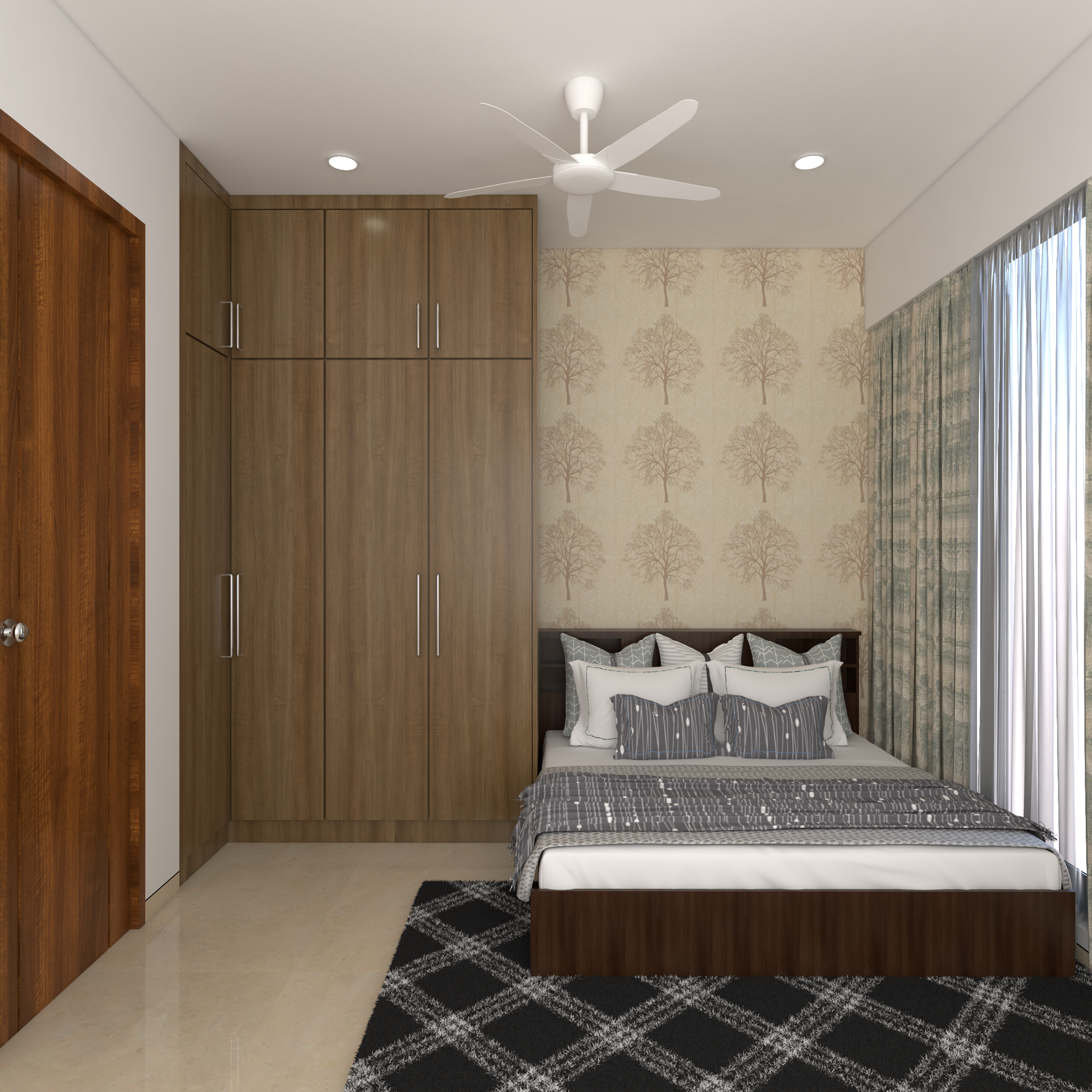 Small Master Bedroom With Hinged Wooden laminate Wardrobes