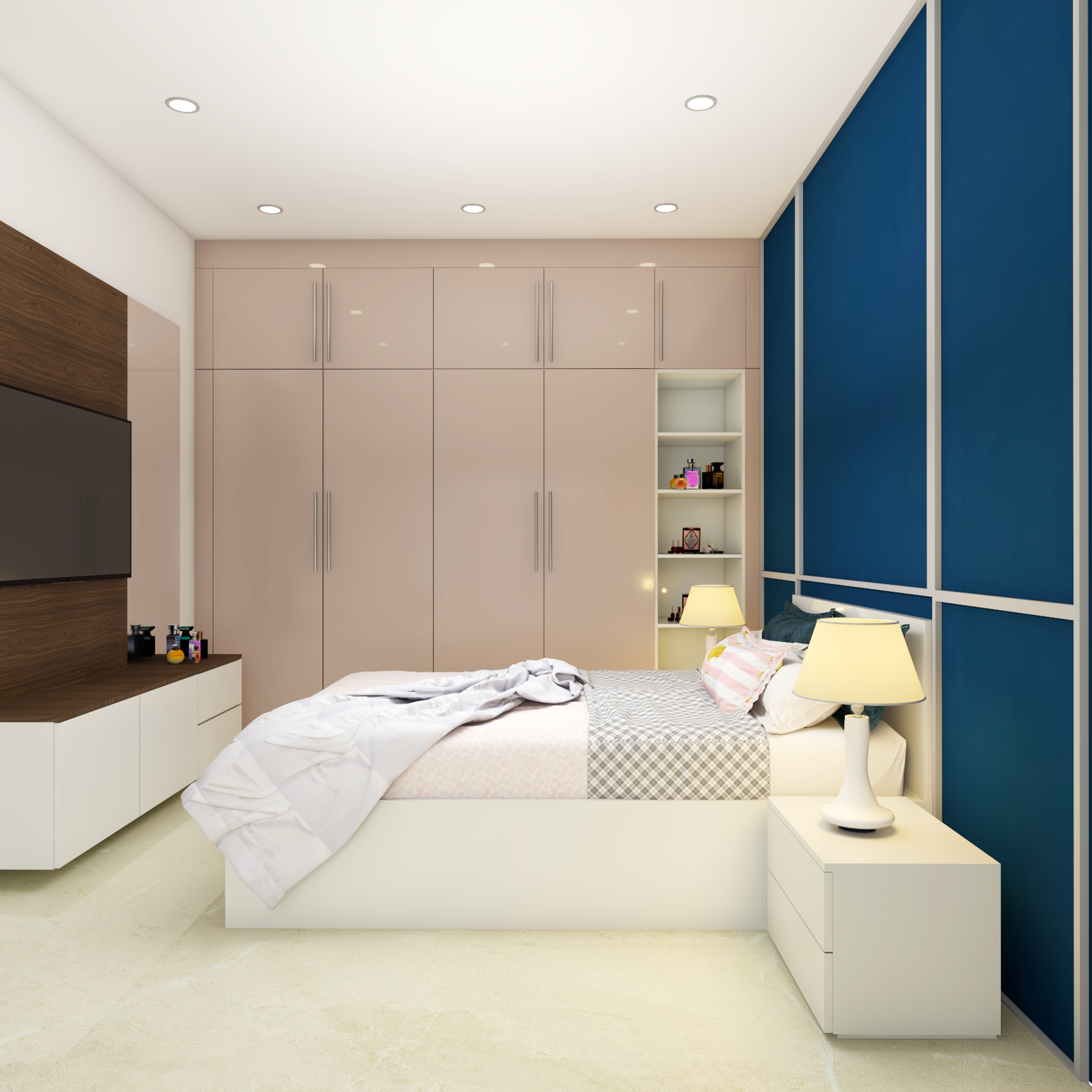 Luxury Master Bedroom With Dim Yellow Lights And Bushy Pink Wardrobes
