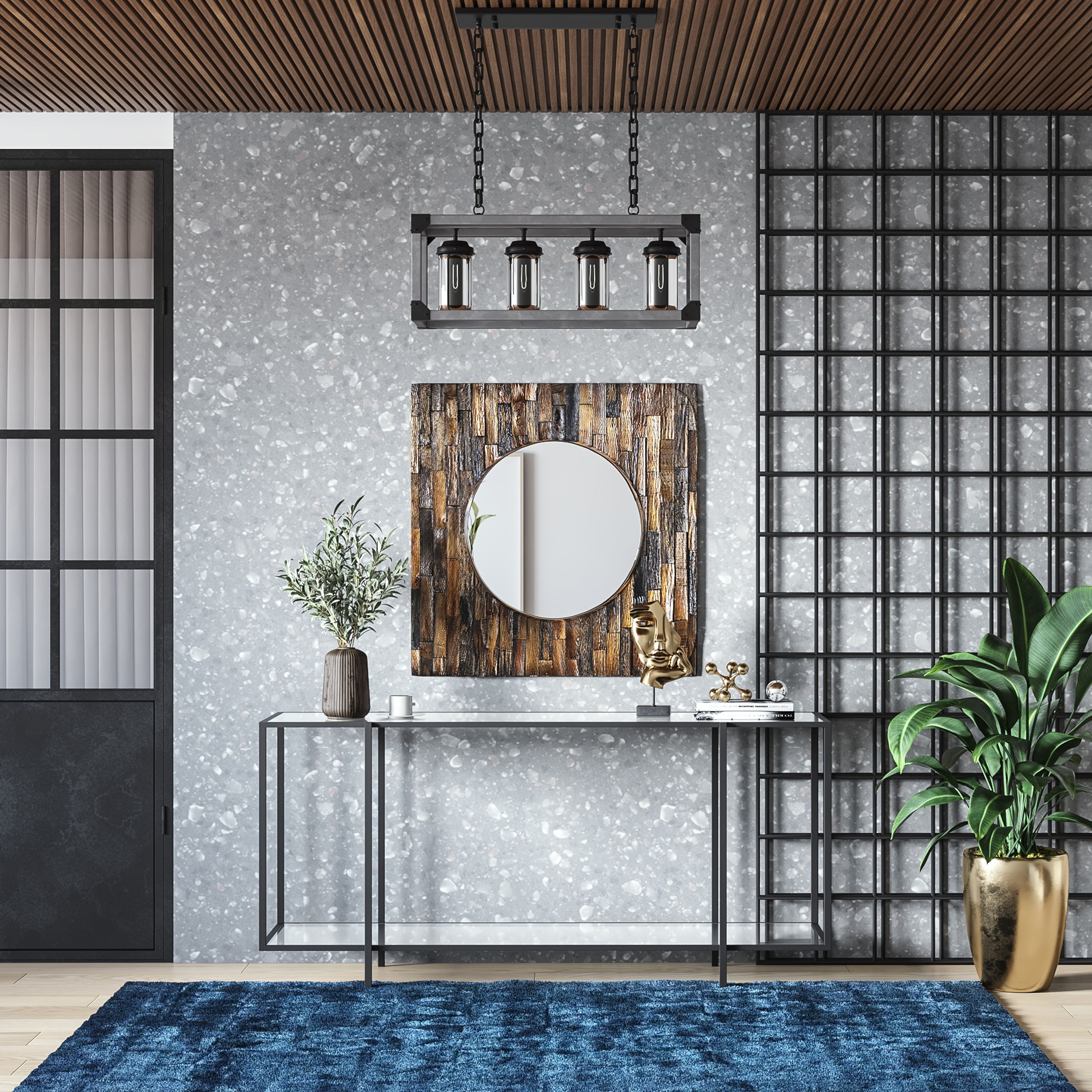 Foyer Design With Circular Mirror And Hanging Light