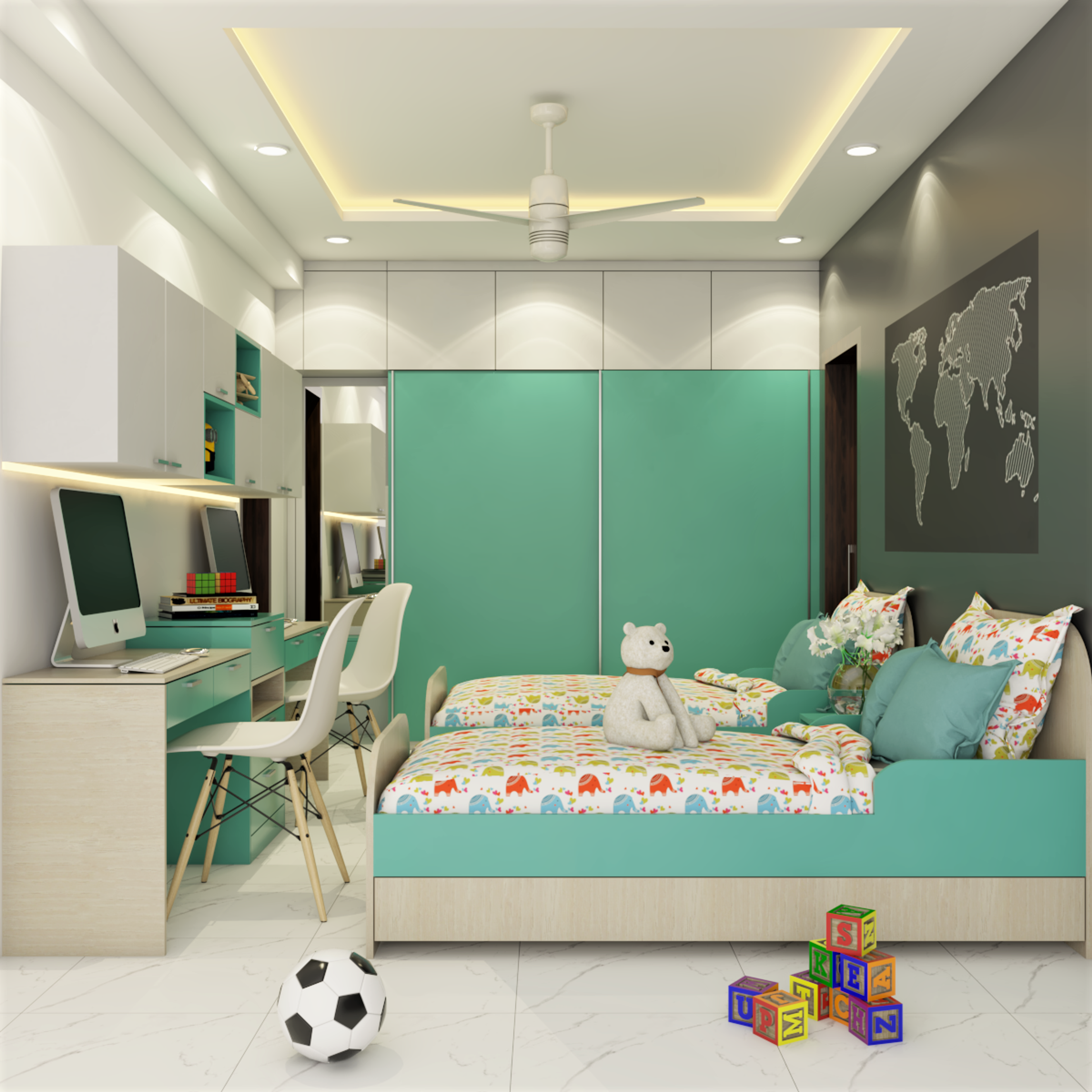 Small Kid's Room With Study Table And Sliding Wardrobes