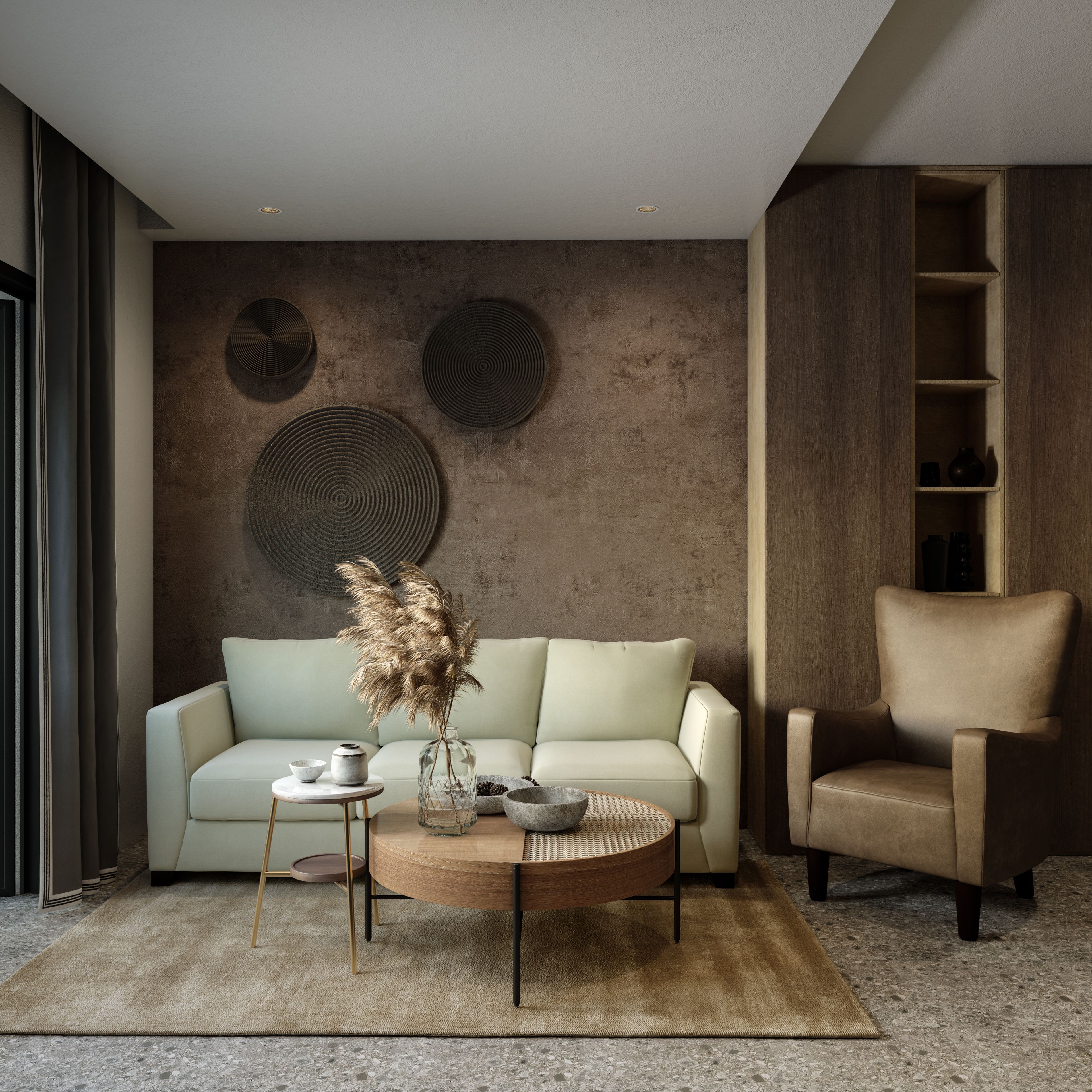 Luxury Living Room With Brown Textured Wallpaper And Metal Hangings