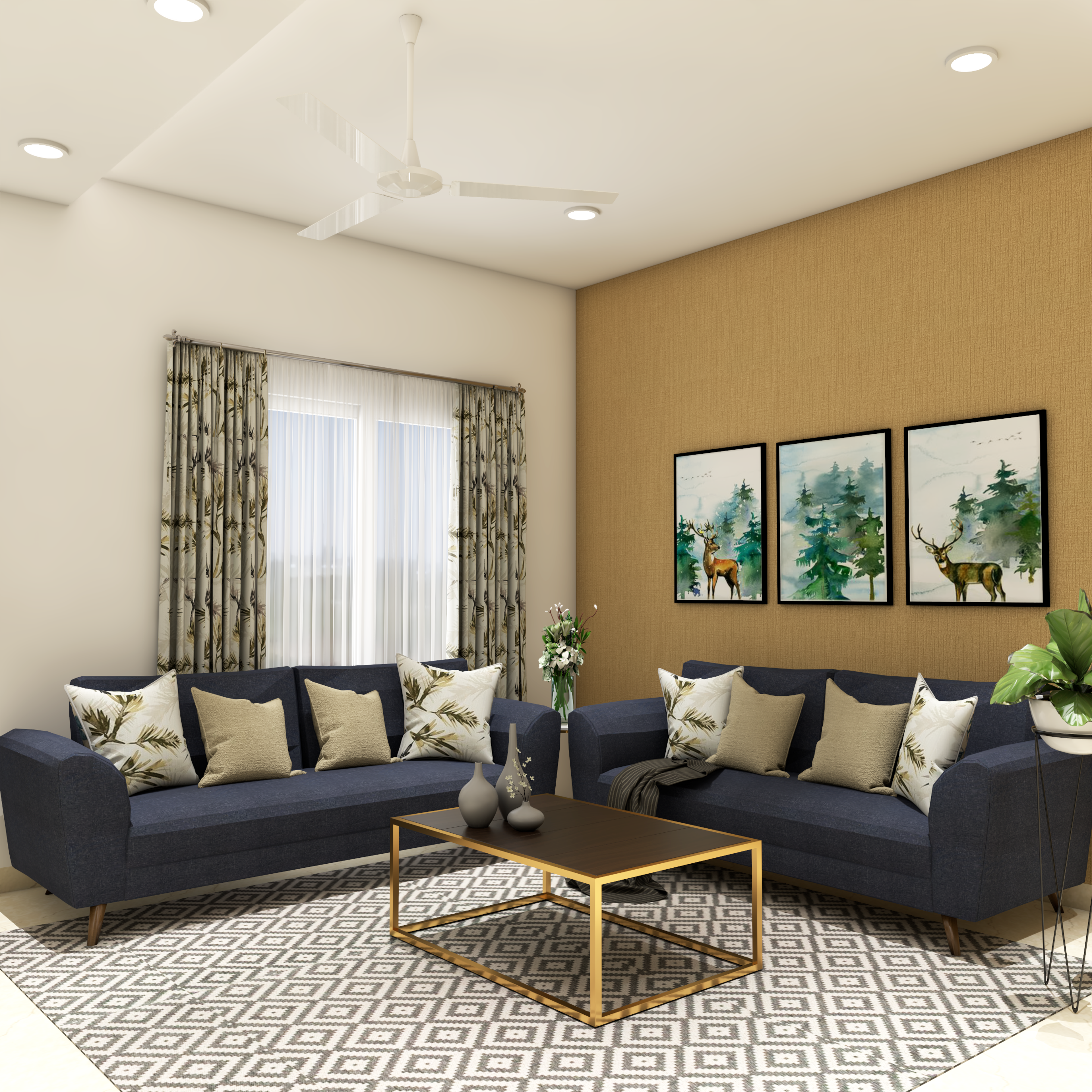 Spacious Living Room With Mustard wall With Framework