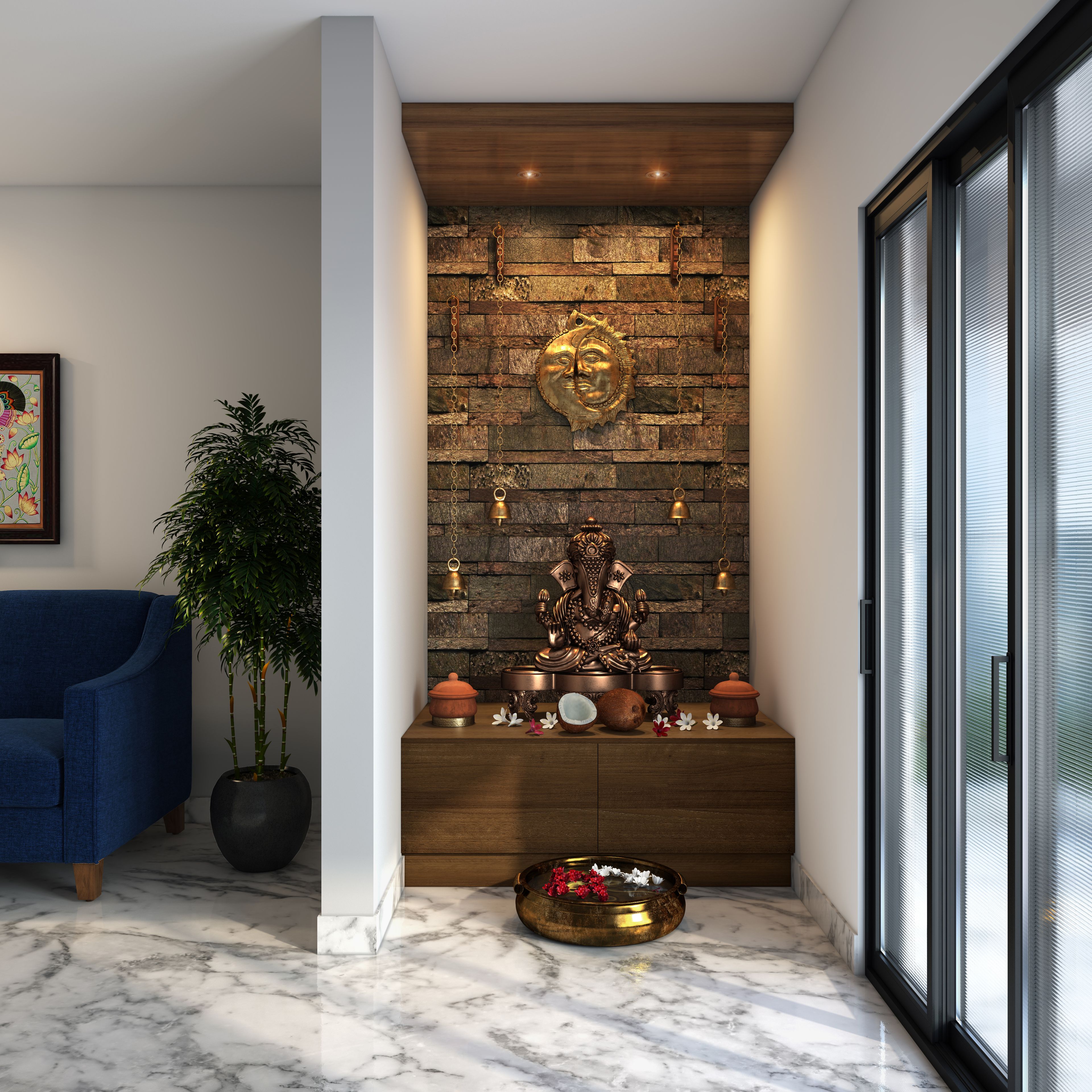 Simple Pooja Room With Stone Cladding