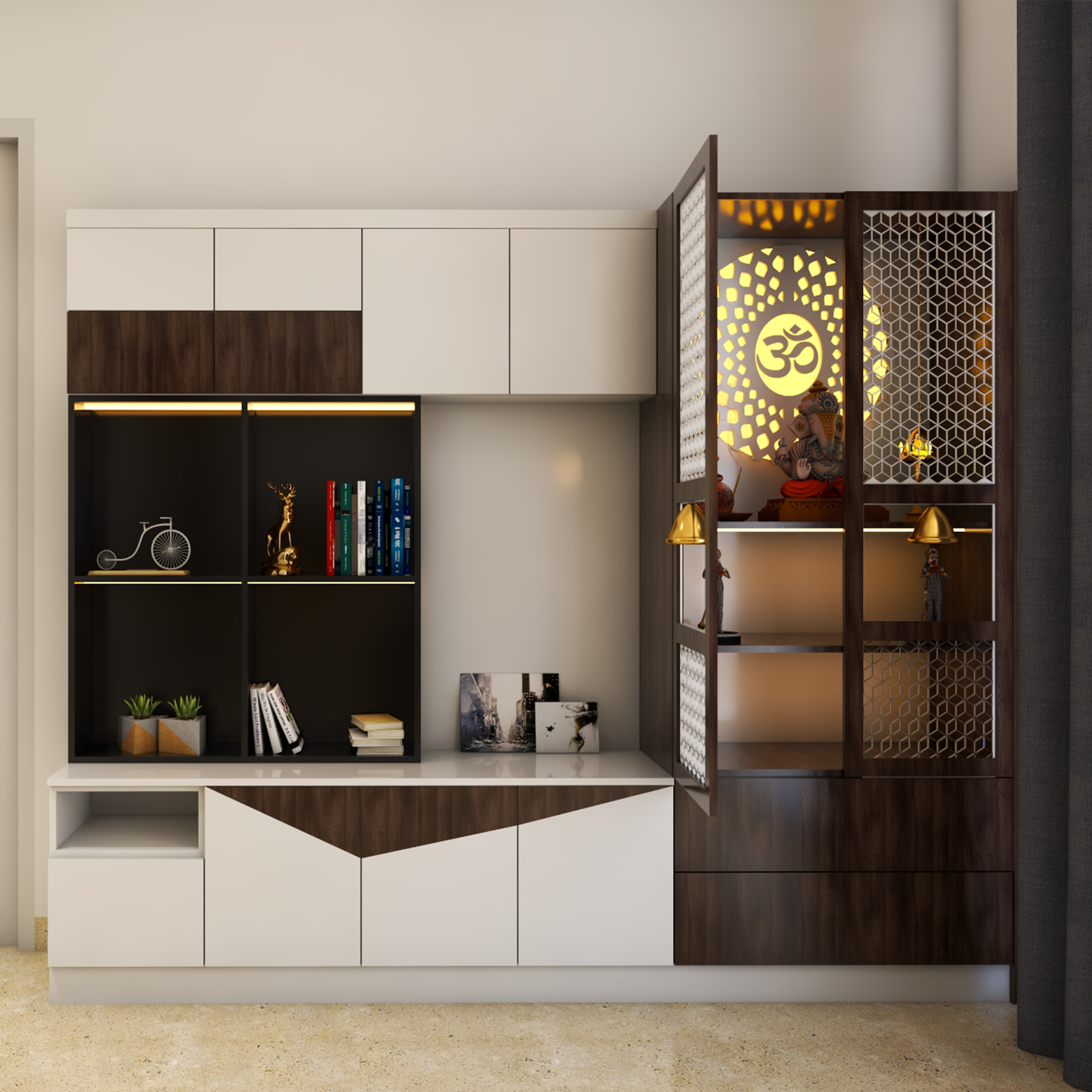 Traditional Pooja Room With Attached Crockery Unit