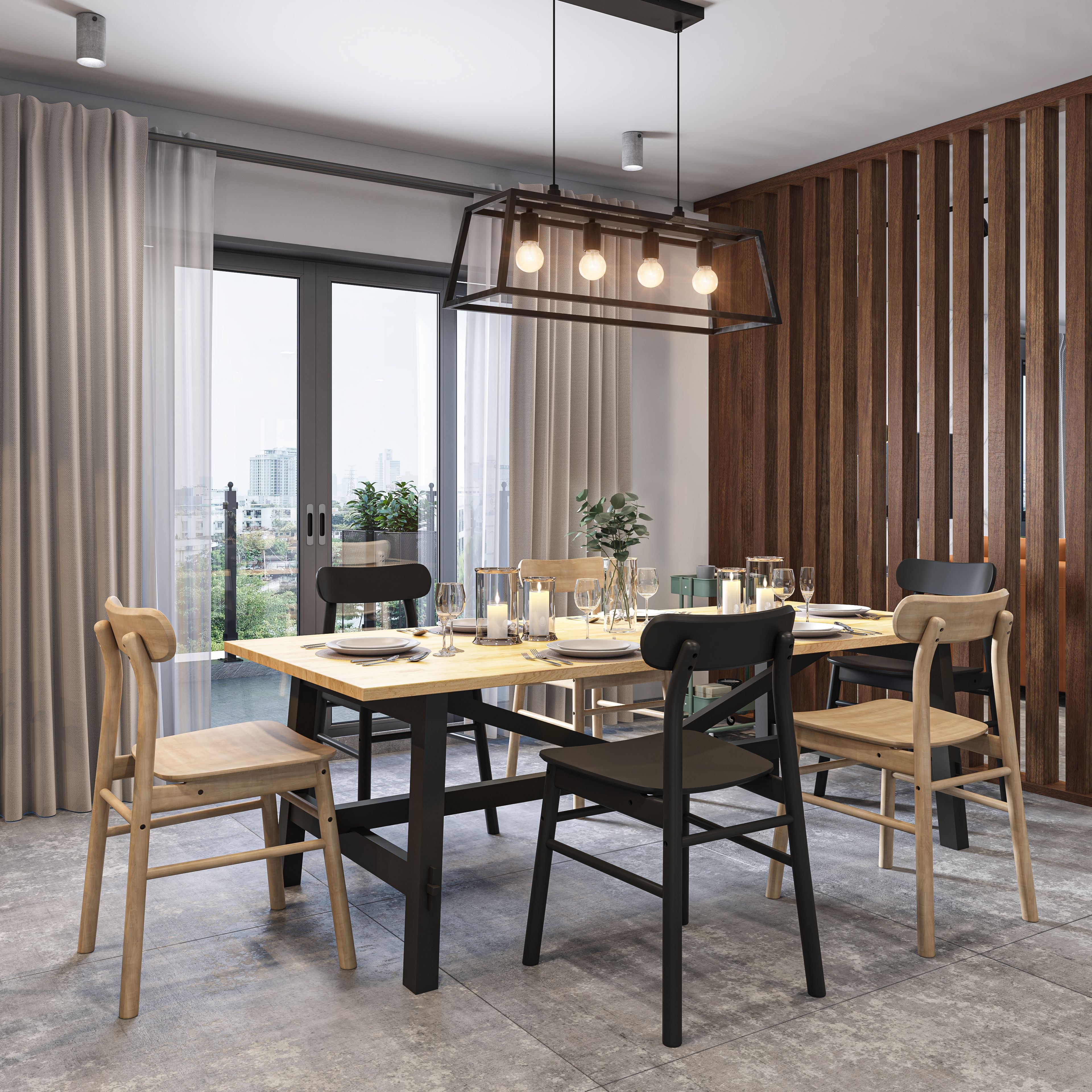 Industrial 6-Seater Dining Room Design Idea With Drop Lights And Dual-Toned Chairs