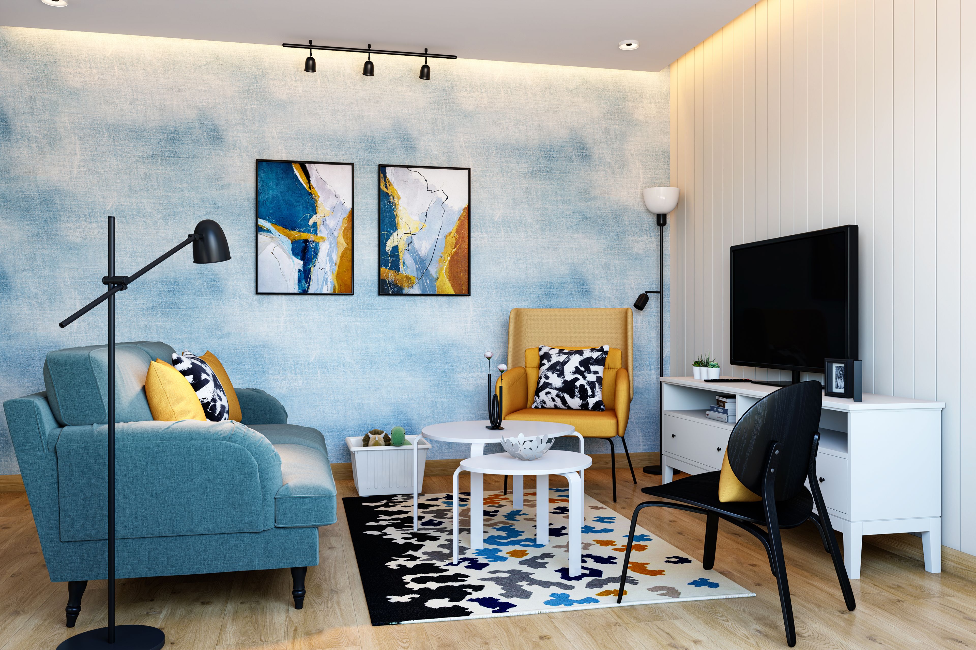 Blue And White Contemporary Living Room Wallpaper Design