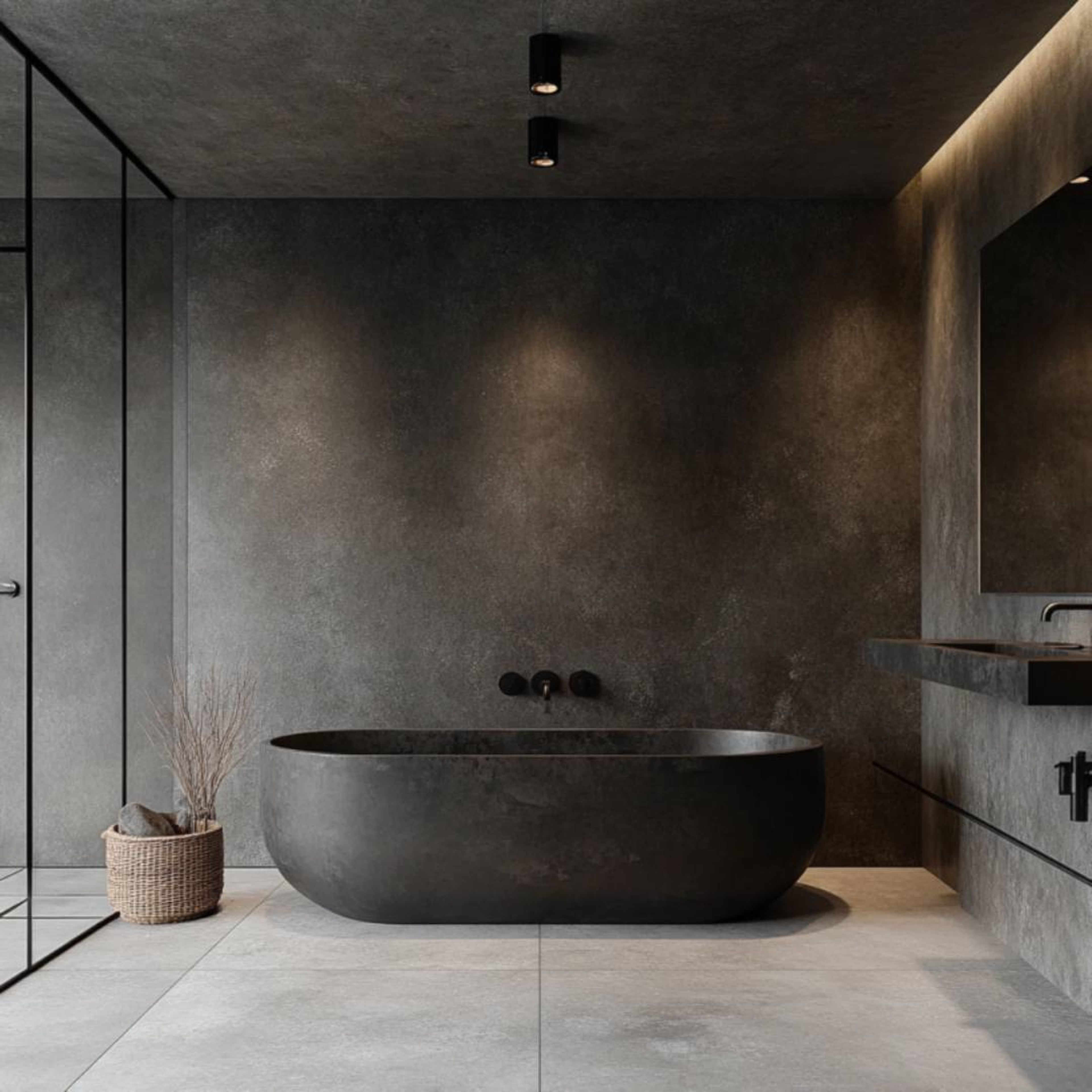 Grey Bathroom Design with Matte Black Tub
