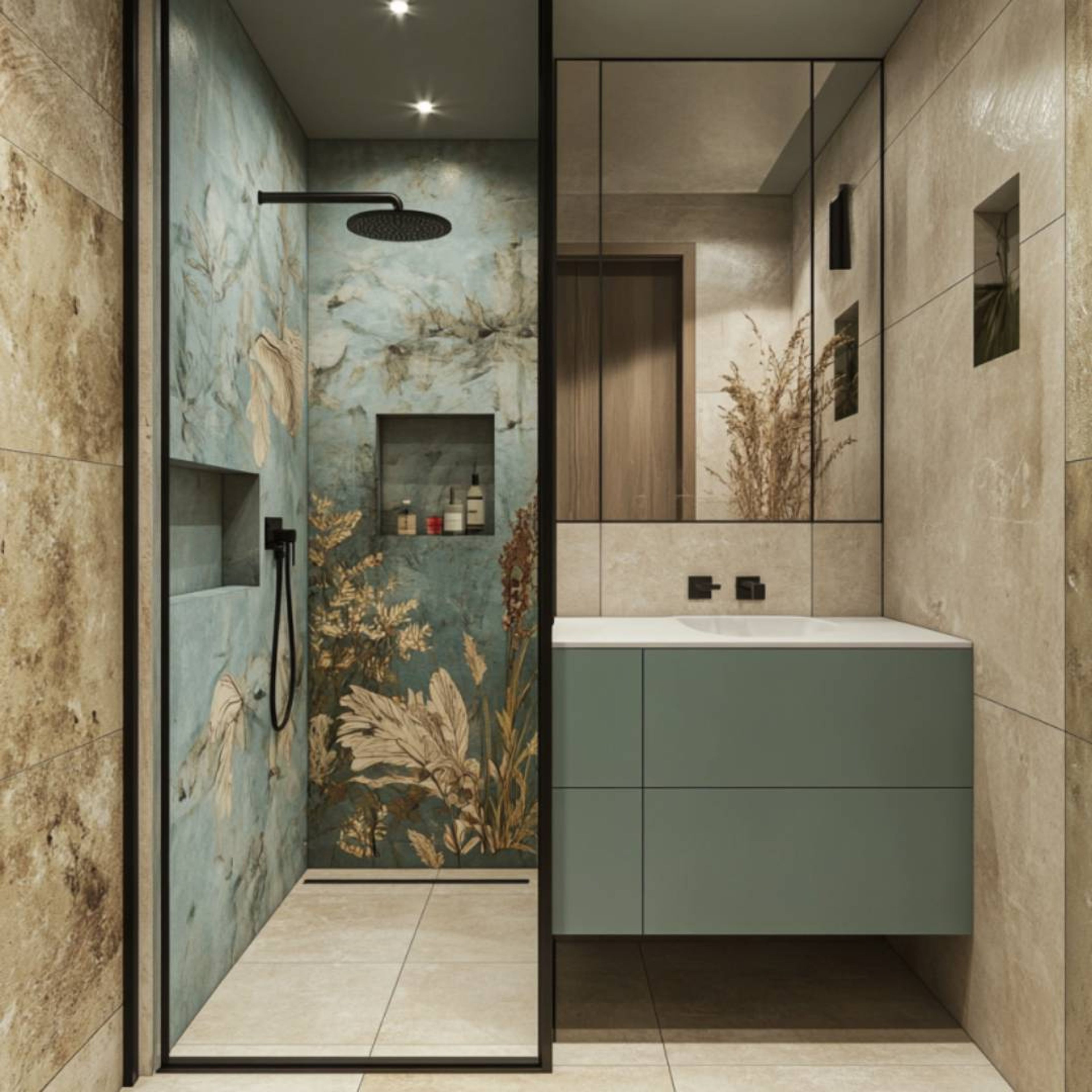 Bathroom Design with Patterned Blue Shower Wall and Green Vanity