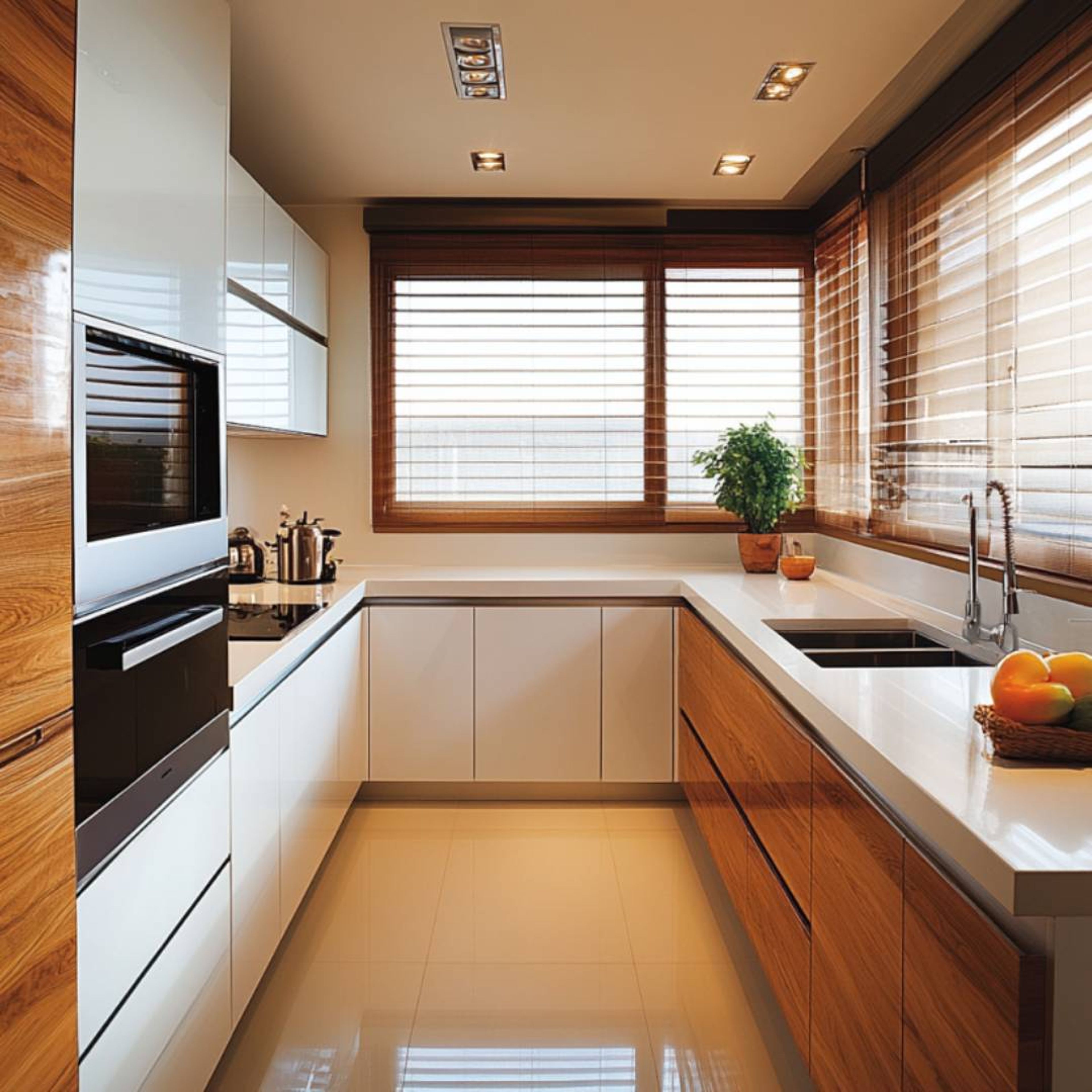 White and Wood U-Shaped Kitchen Design with Quartz Countertop