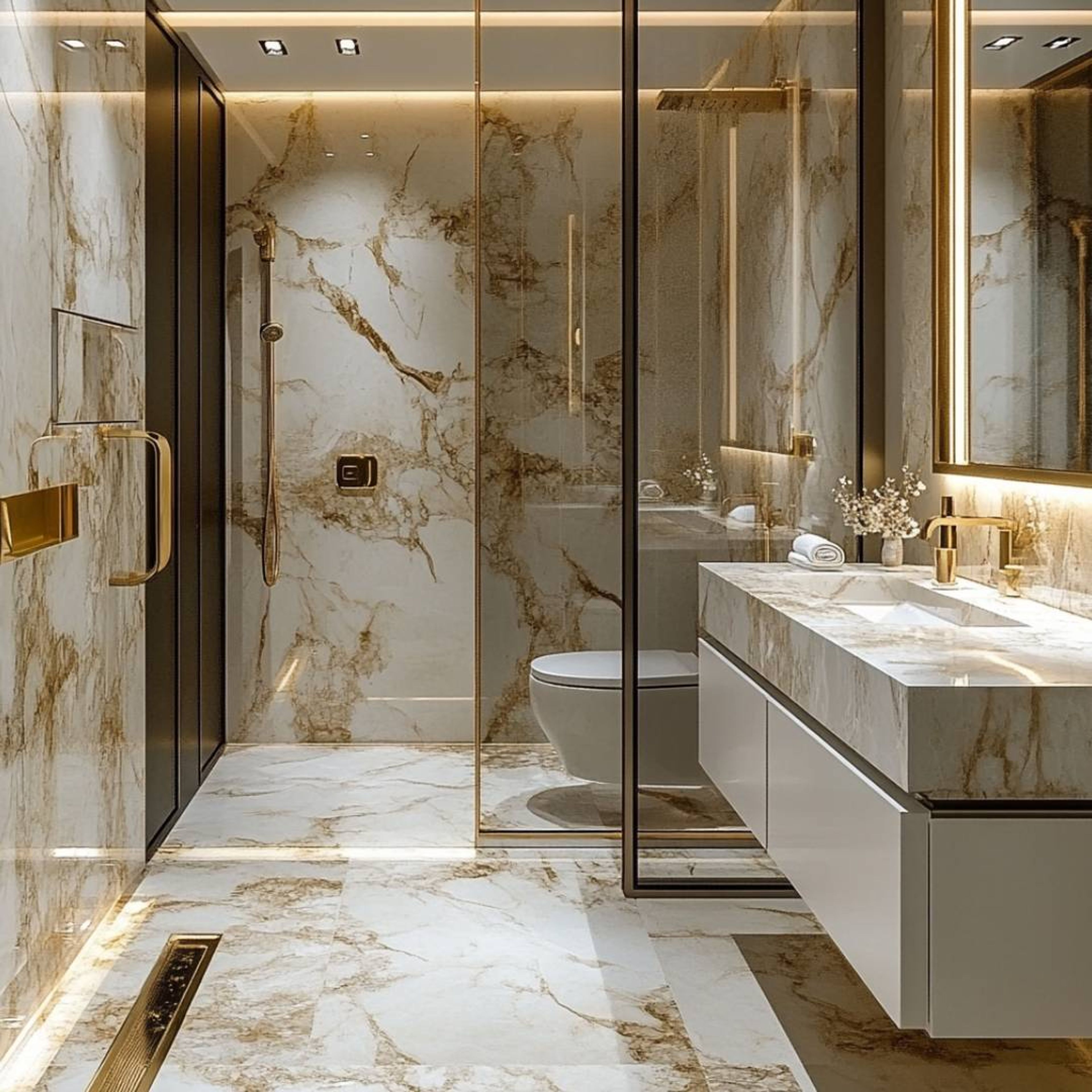 Bathroom with Beige Tiles and Drawer Unit