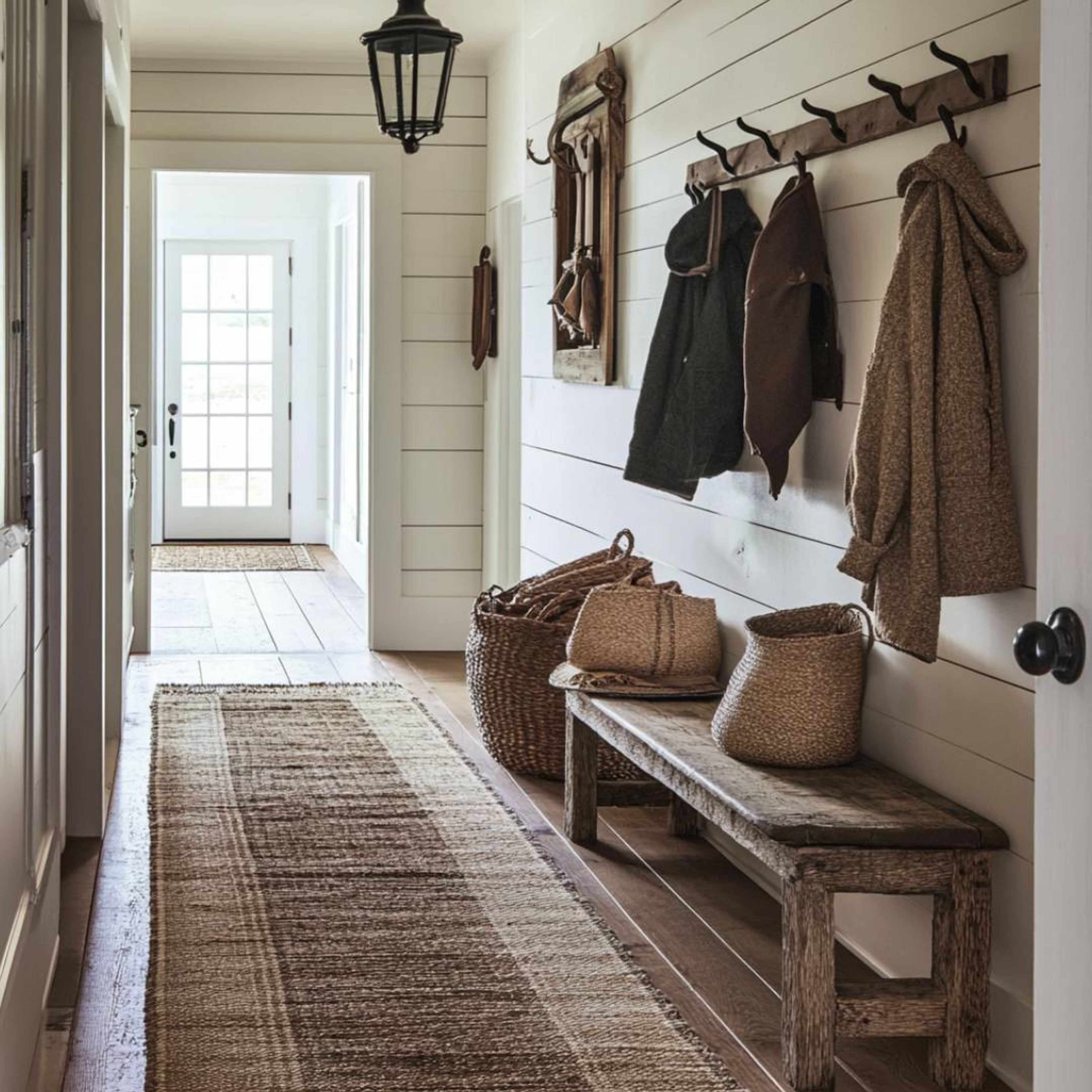 White and Brown Foyer Design with Wooden Bench