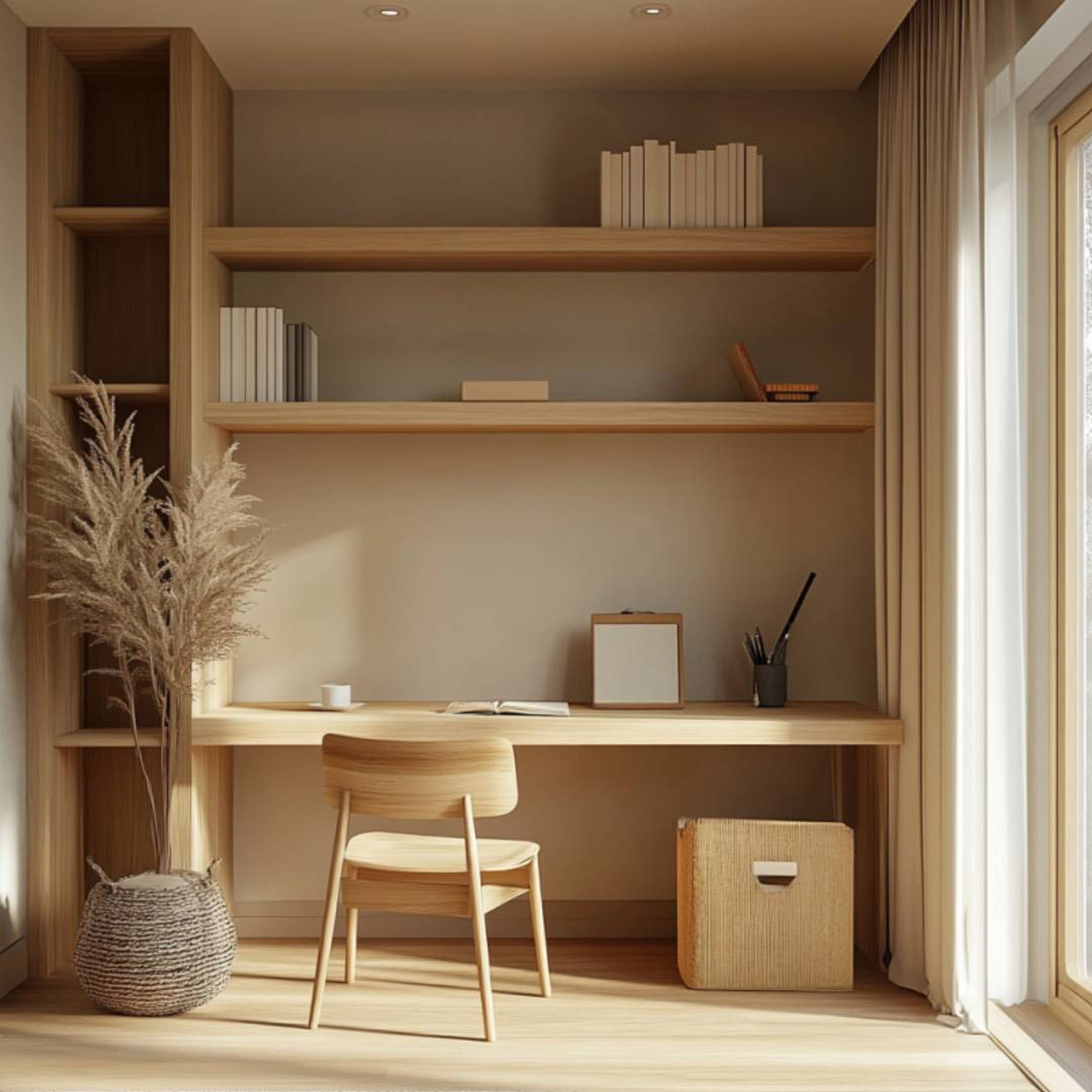 Home Office Design with Wooden Desk and Open Shelves