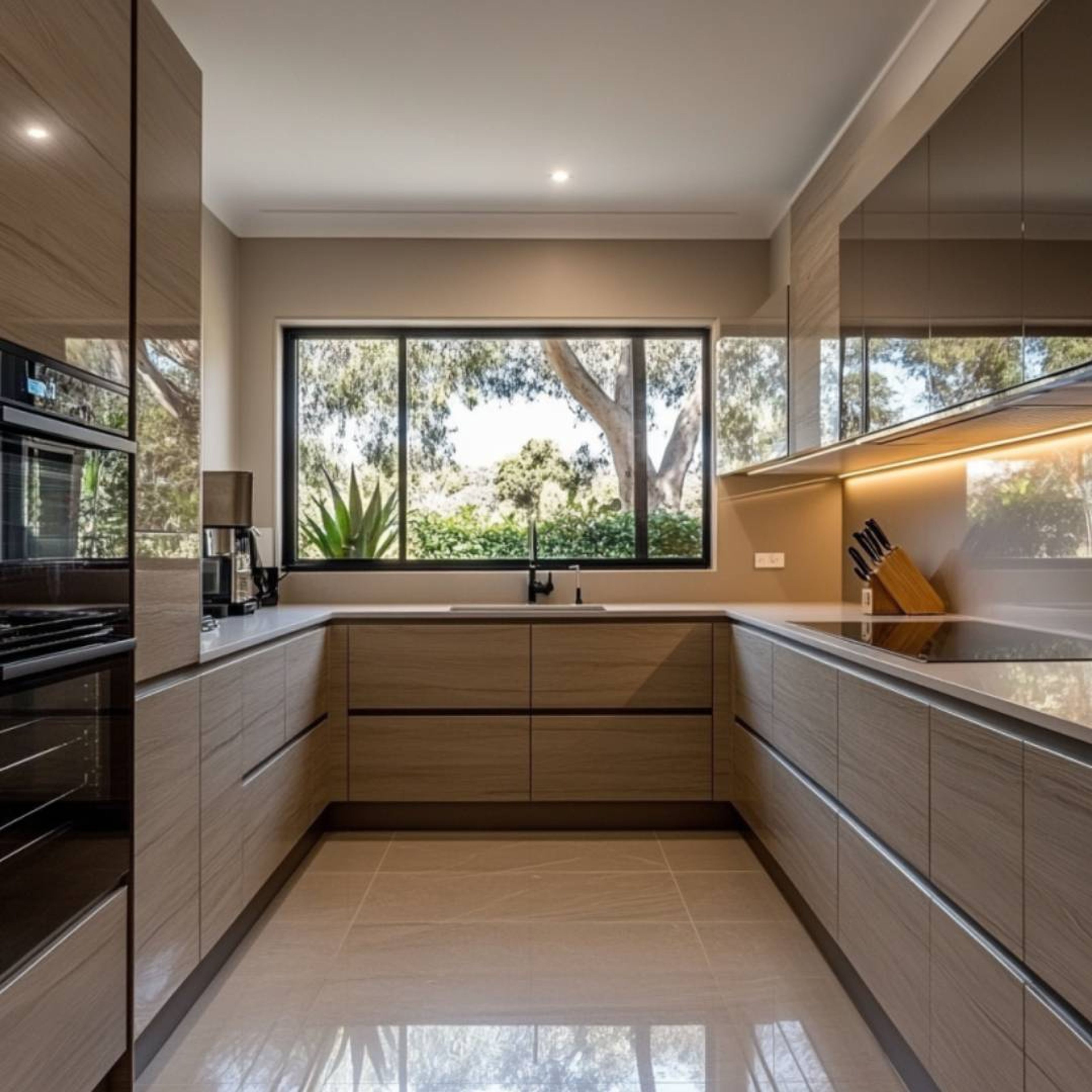 Modern U-Shaped Kitchen Design in Matte Walnut Suede Finish with Quartz Countertops