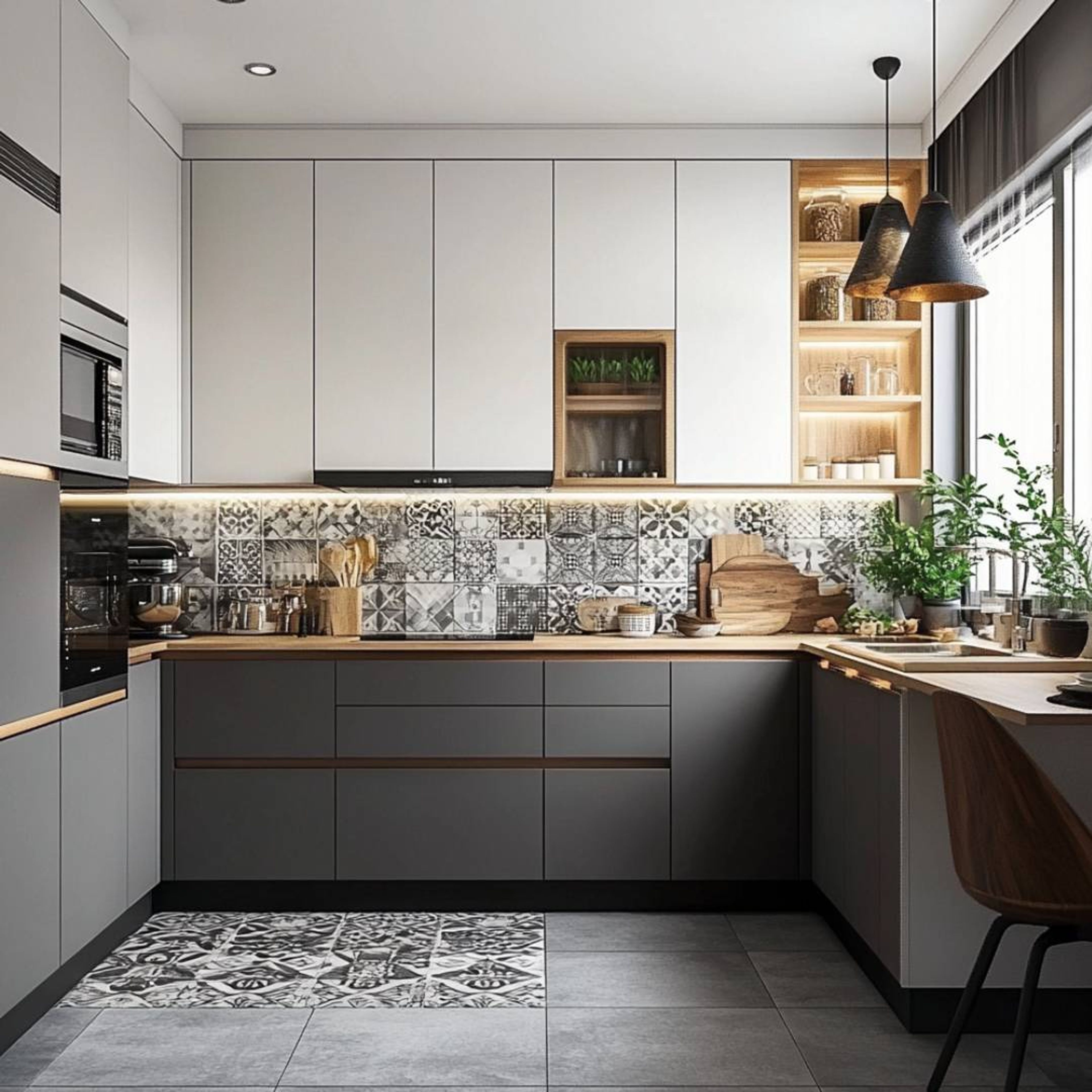 U-Shaped Kitchen Design in Gothic Grey and White with Quartz Countertop