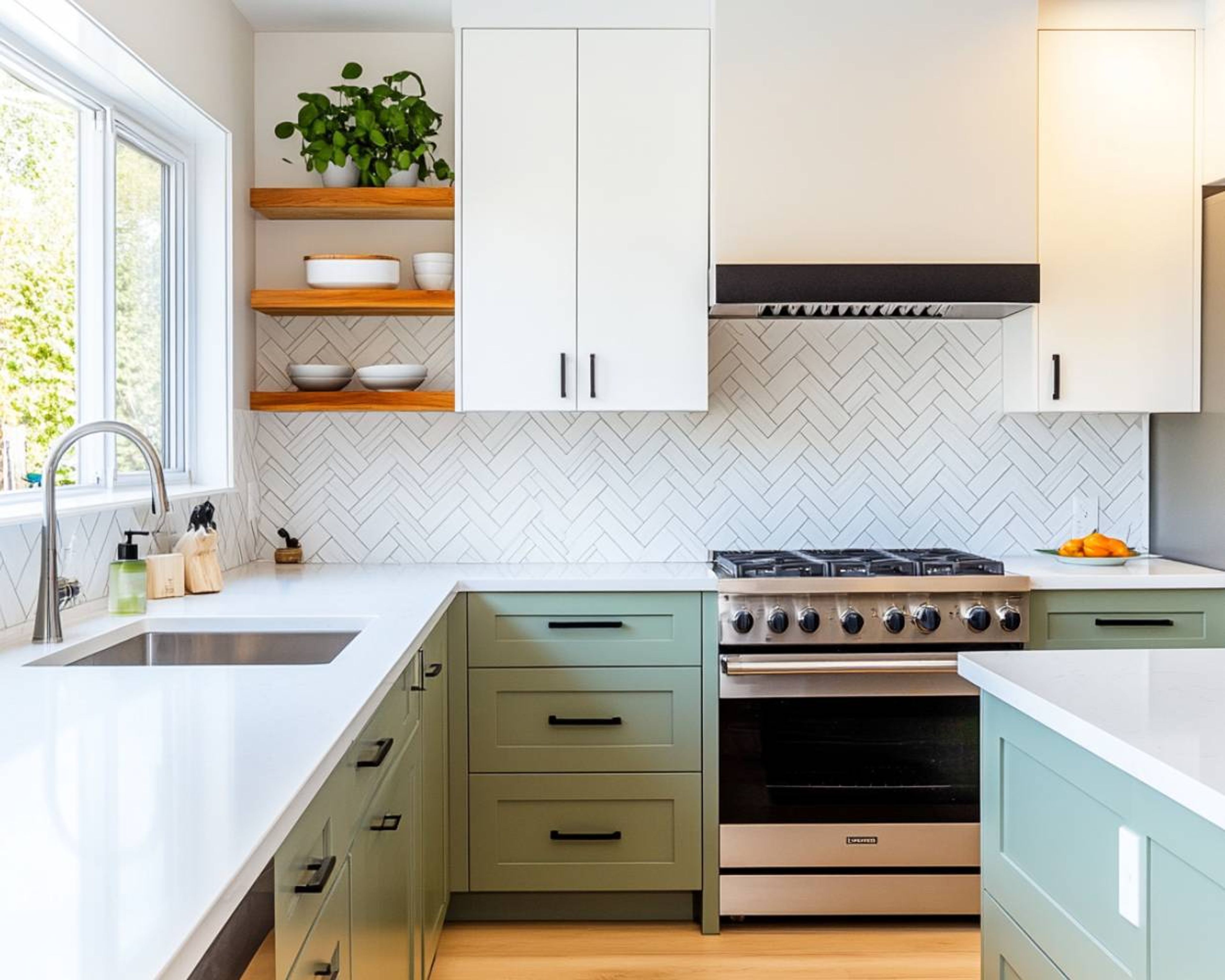 Island Kitchen Design in Sage Green and White Cabinets