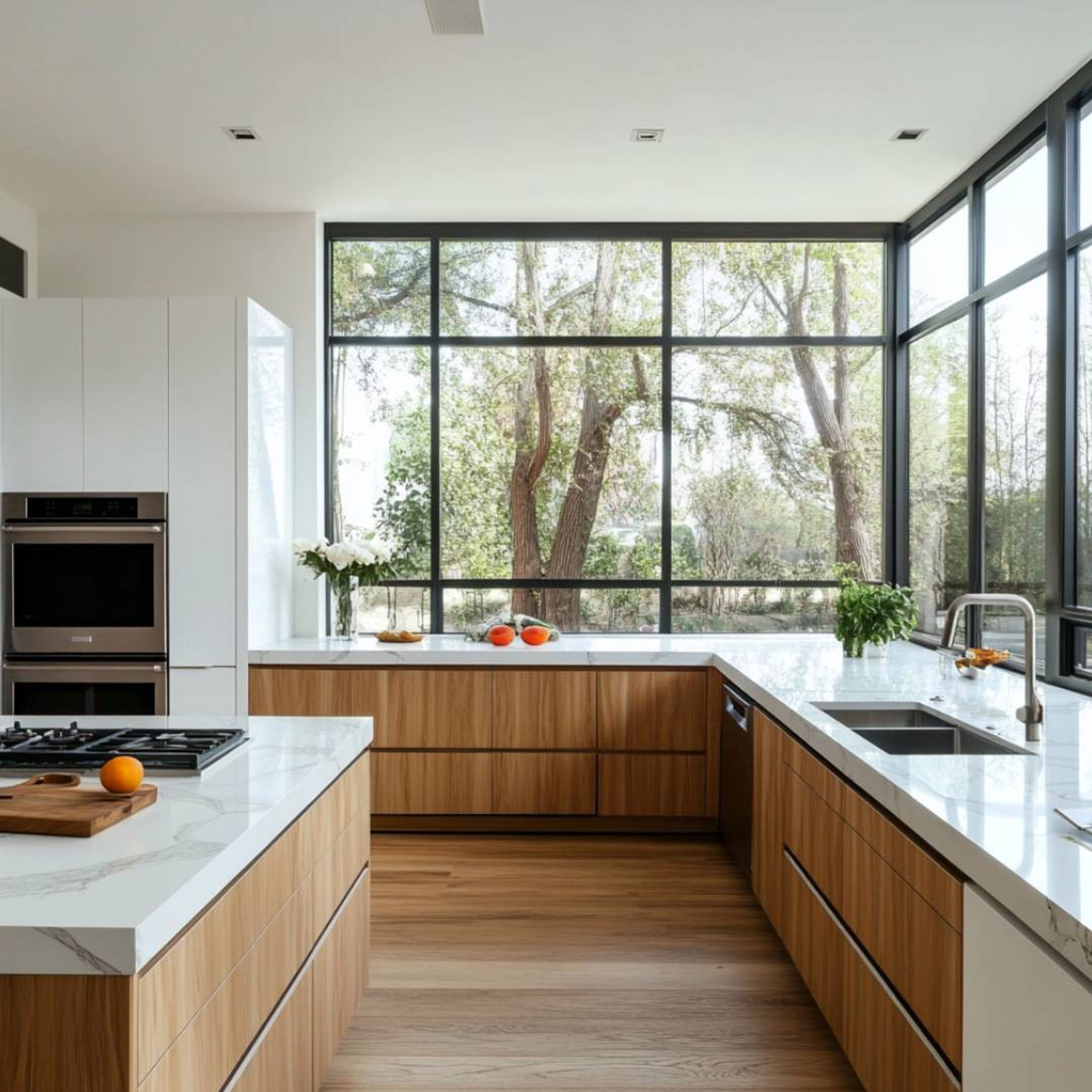 Island Kitchen Design with Floor-to-Ceiling Windows