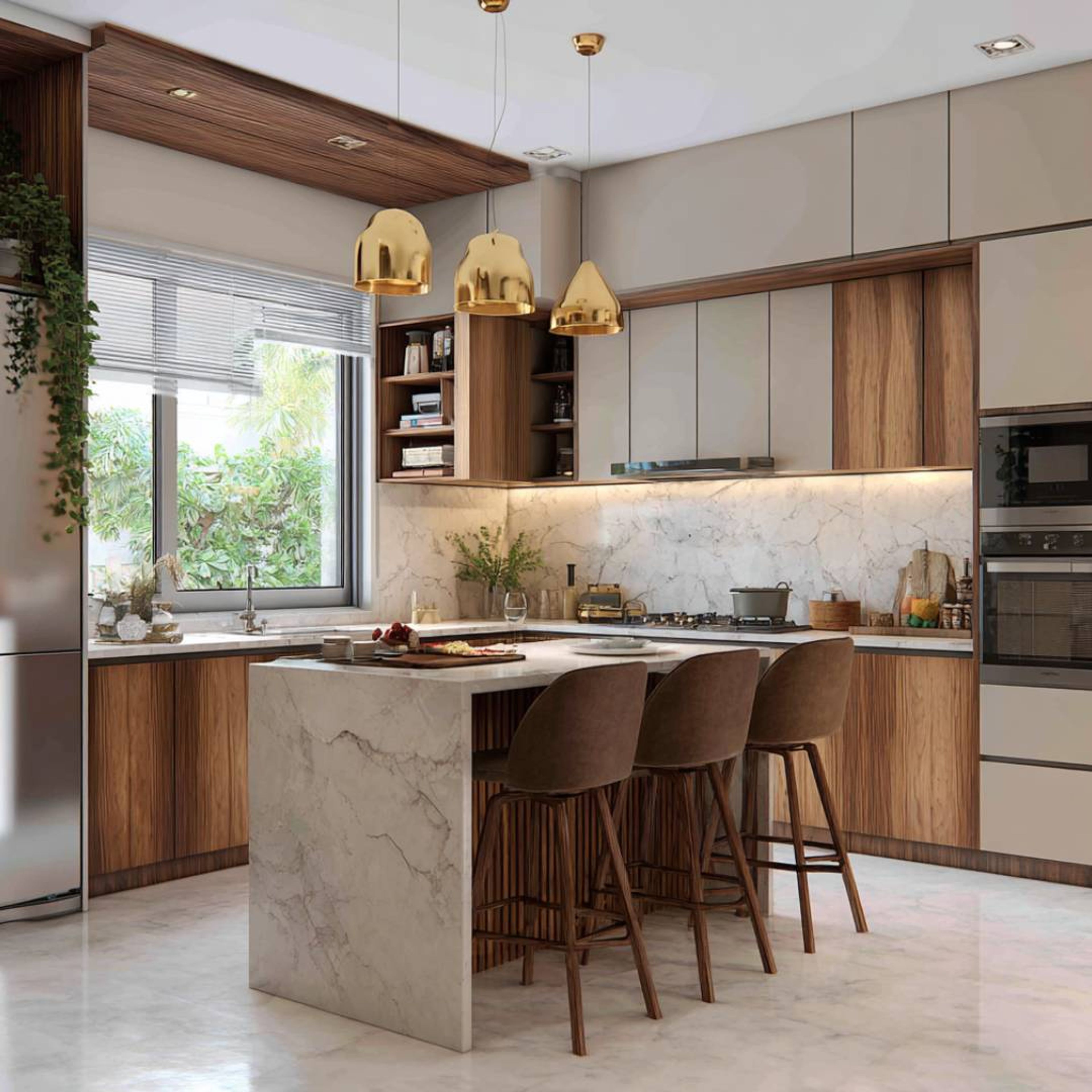 Warm wood and grey Island kitchen with marble island, golden lights, and open shelving