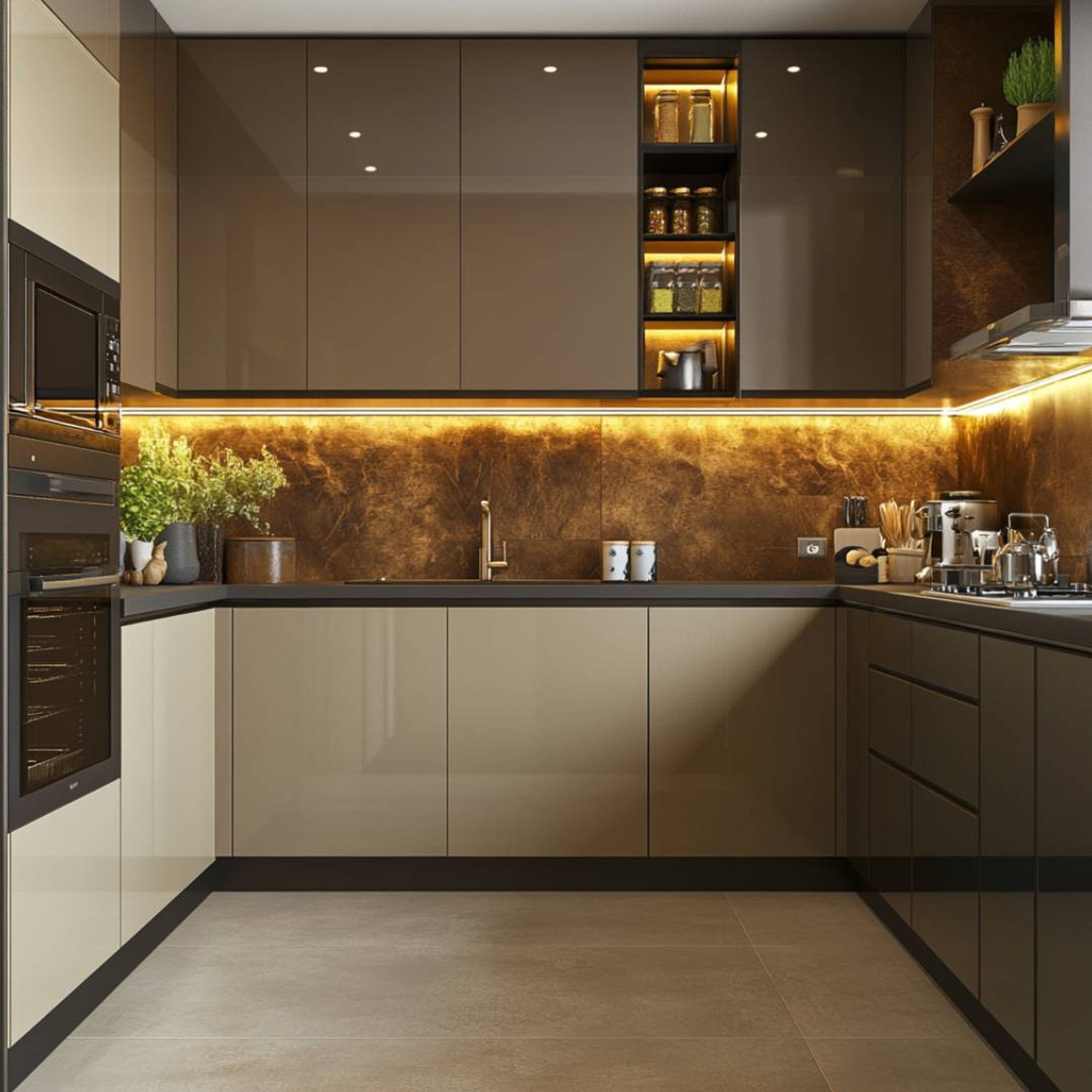 Modern Cappuccino U-Shaped Kitchen Design with Granite Countertops and Open Shelving