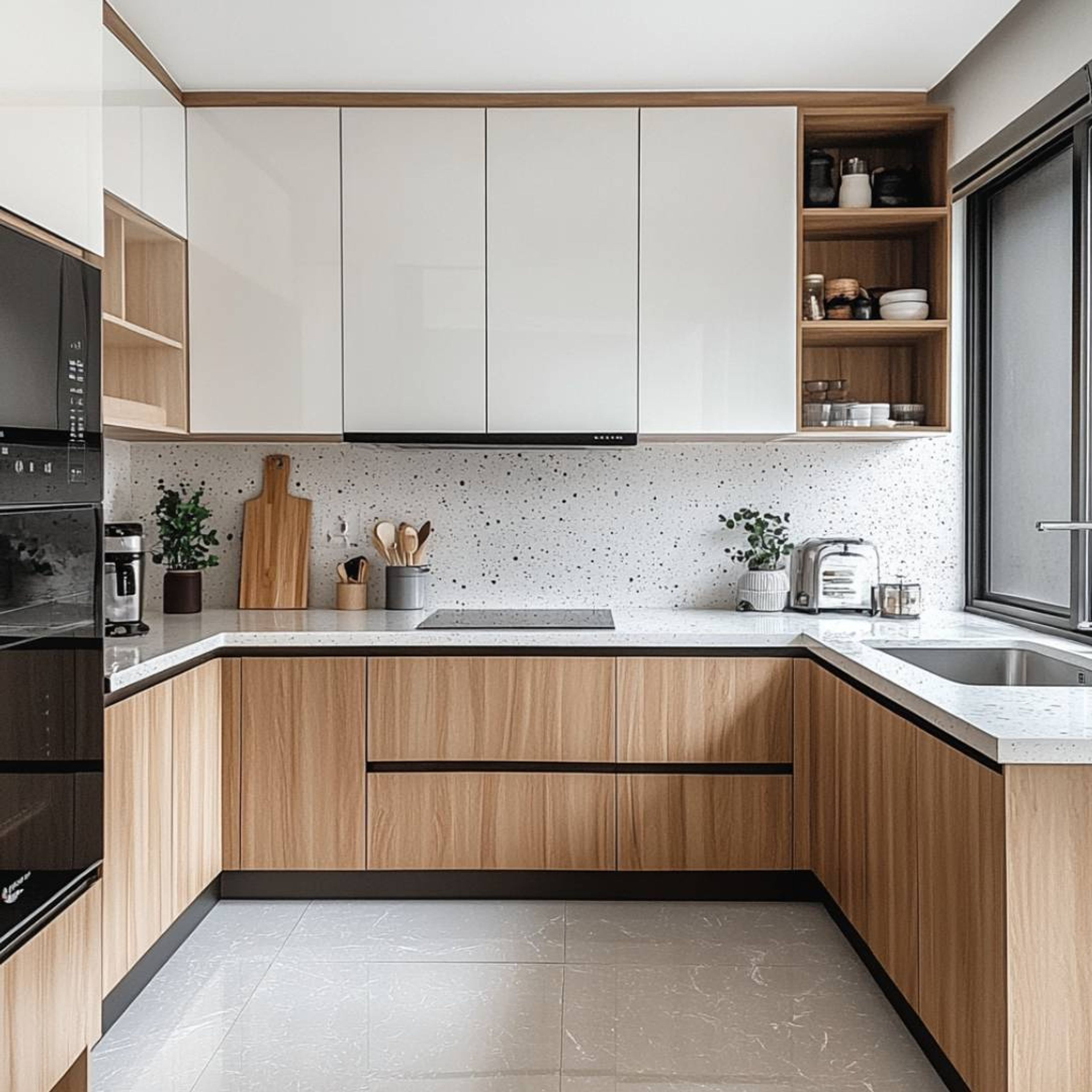 U-Shaped kitchen with white cabinets, wooden drawers, terrazzo backsplash, and open corner shelving