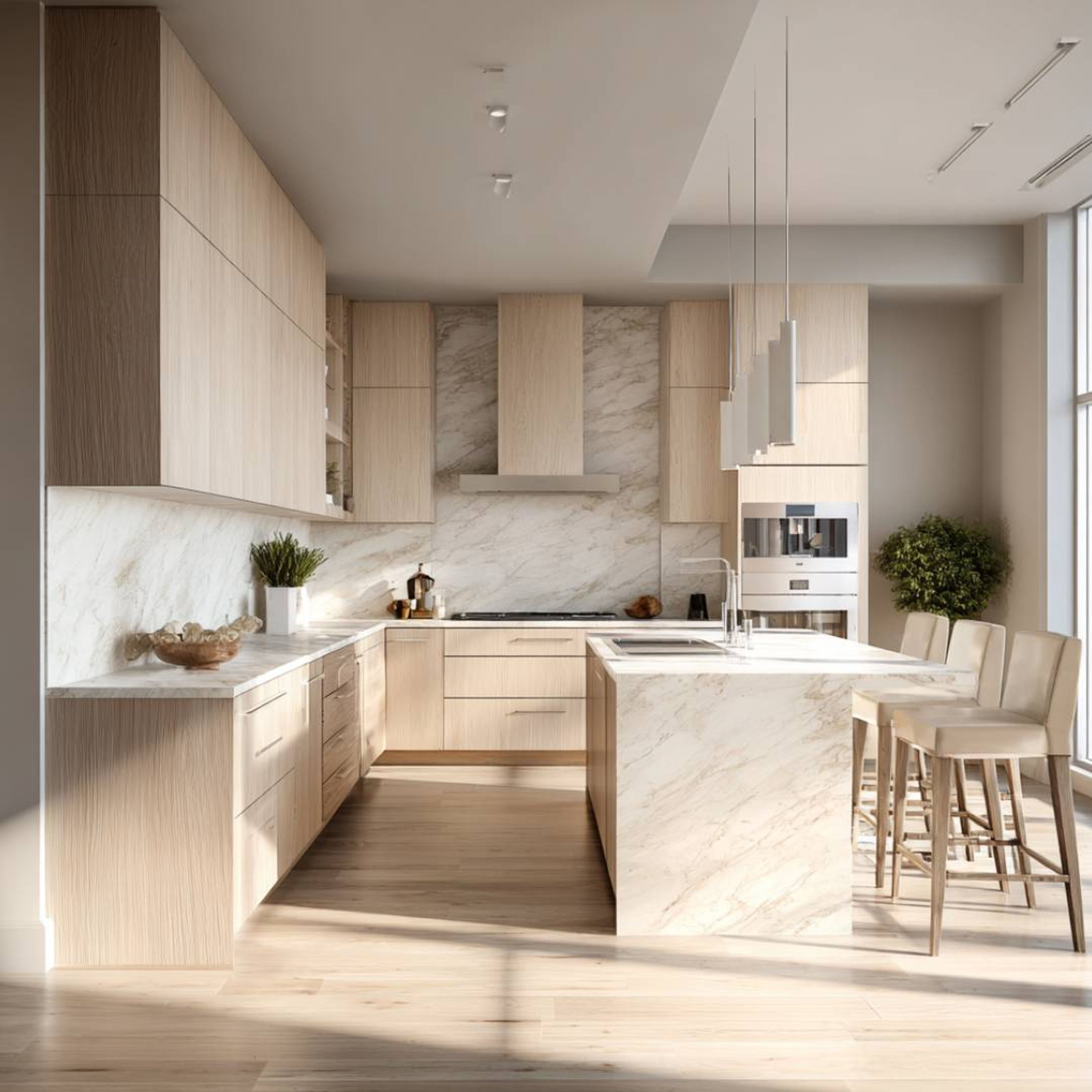 Oak Island kitchen with marble island, pendant lighting, and full-height cabinetry