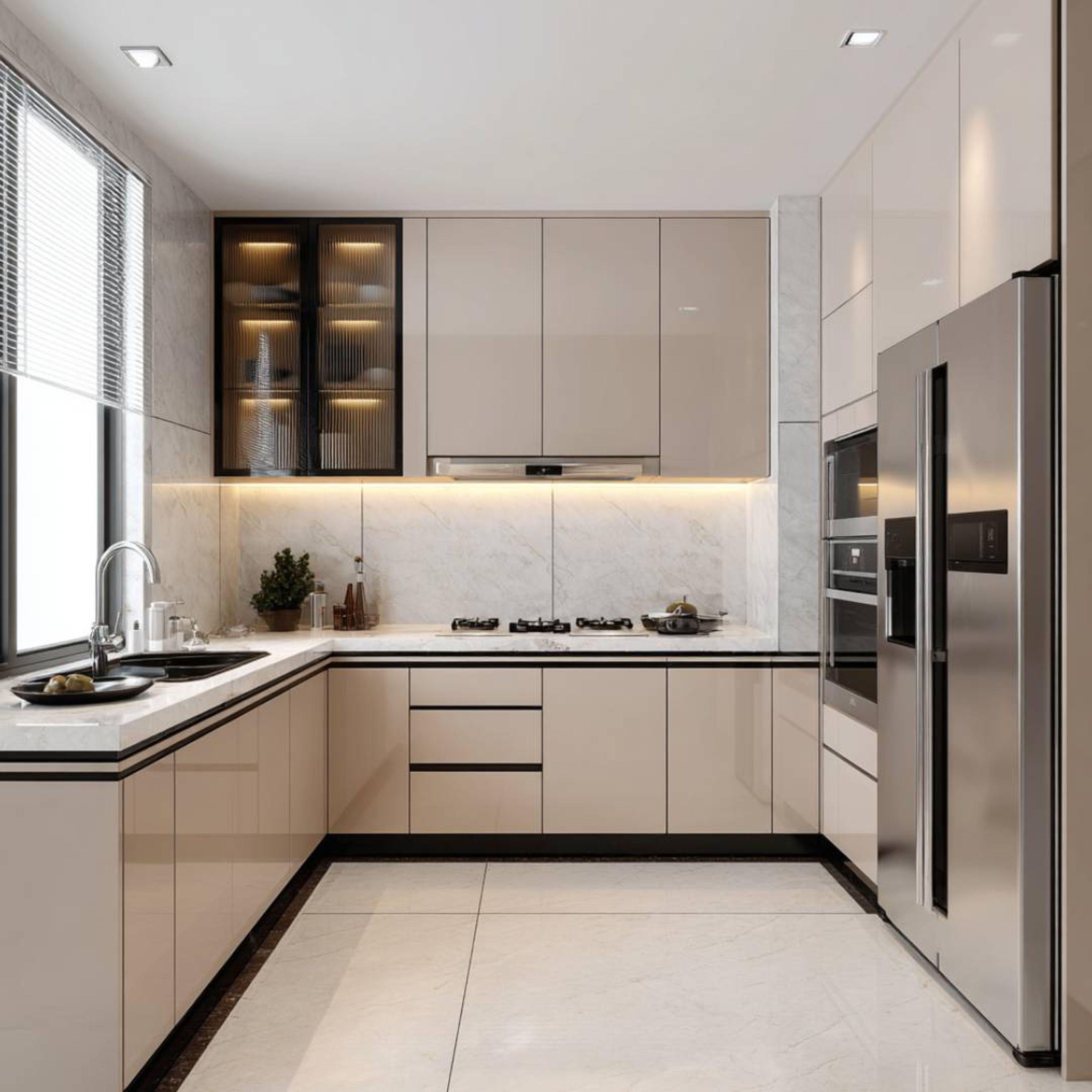 Beige U-Shaped kitchen with marble backsplash, glossy cabinets, and integrated lighting