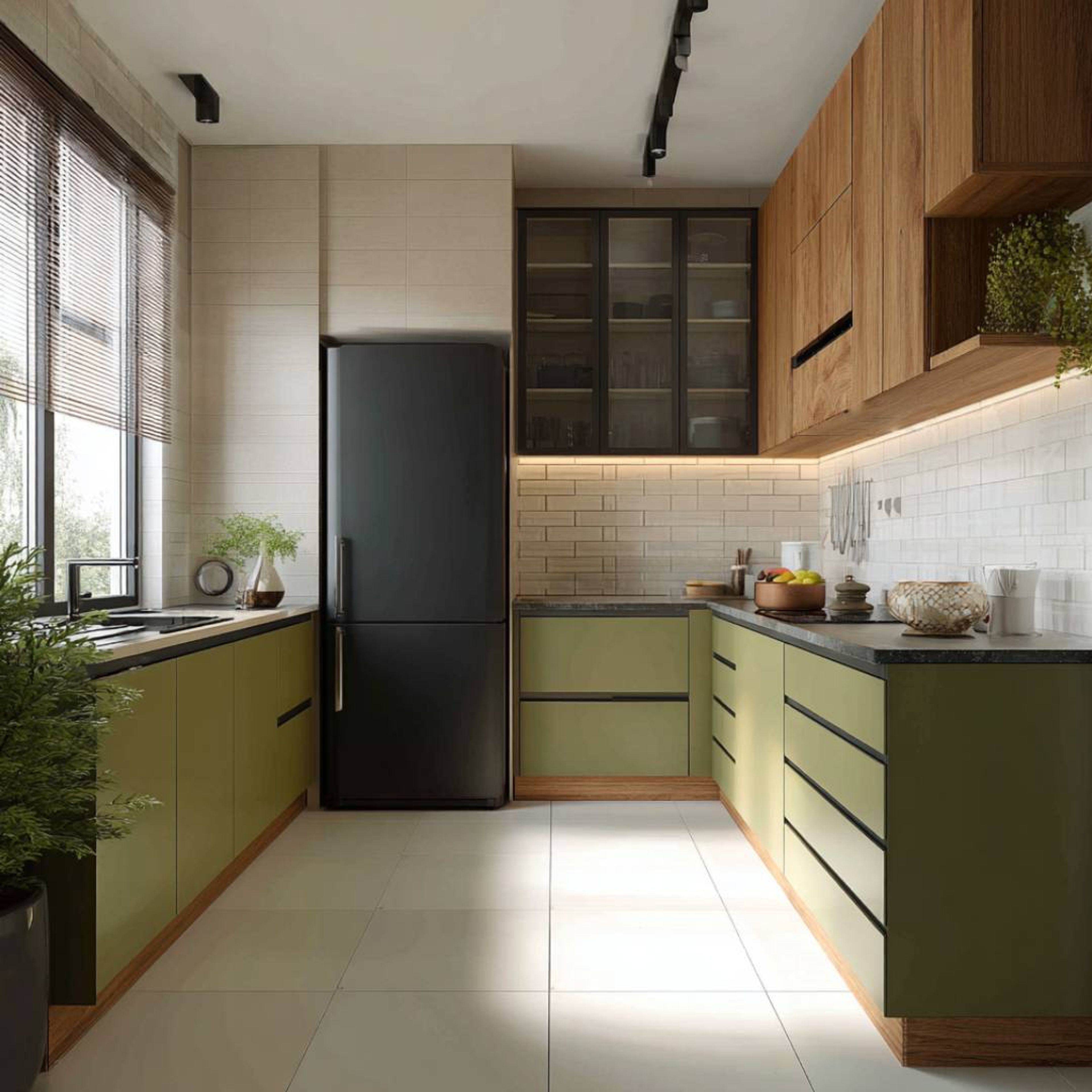 Olive green and wood U-Shaped kitchen with subway tiles, black accents
