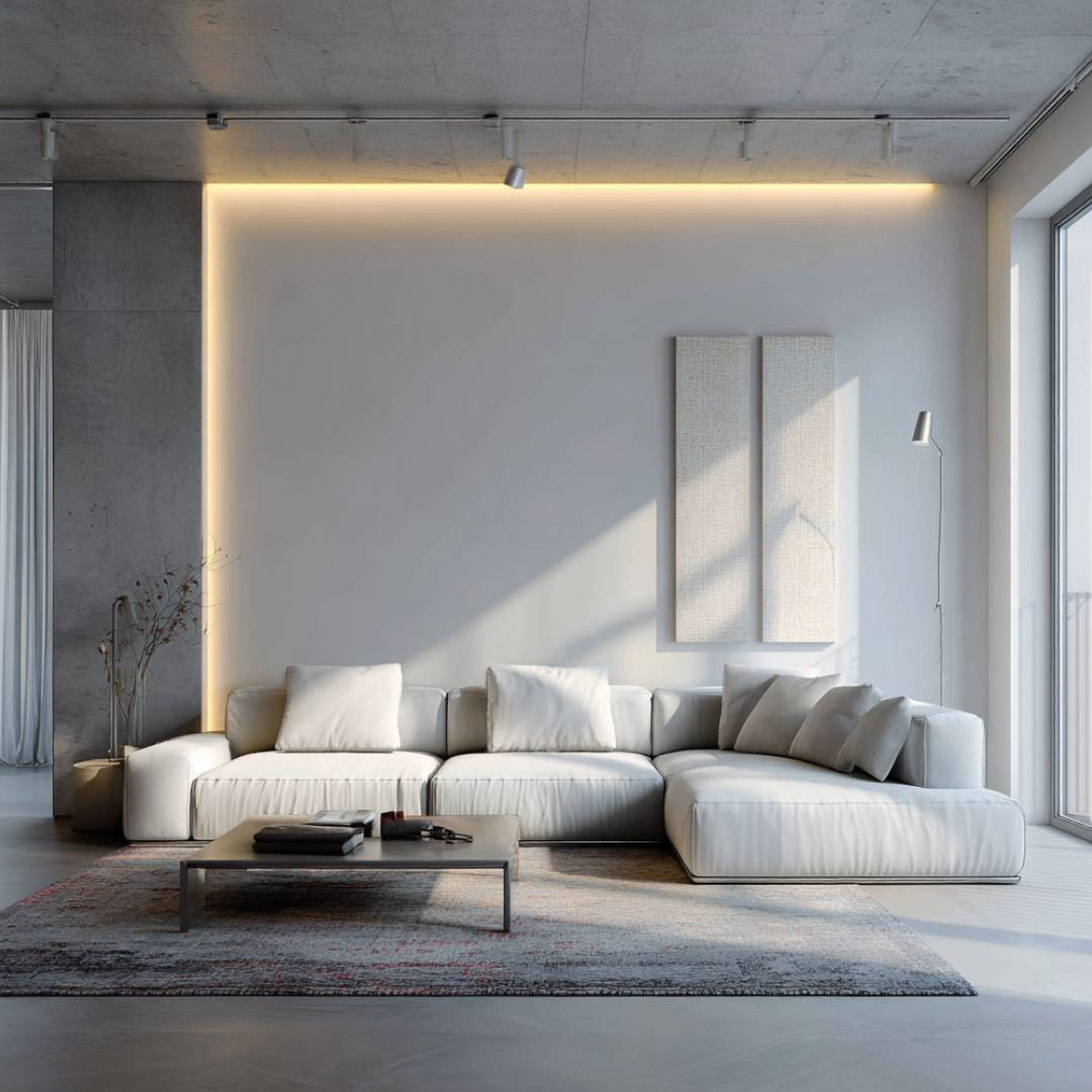 Grey Wooden Wall Design With Minimal Artwork and Top Lighting