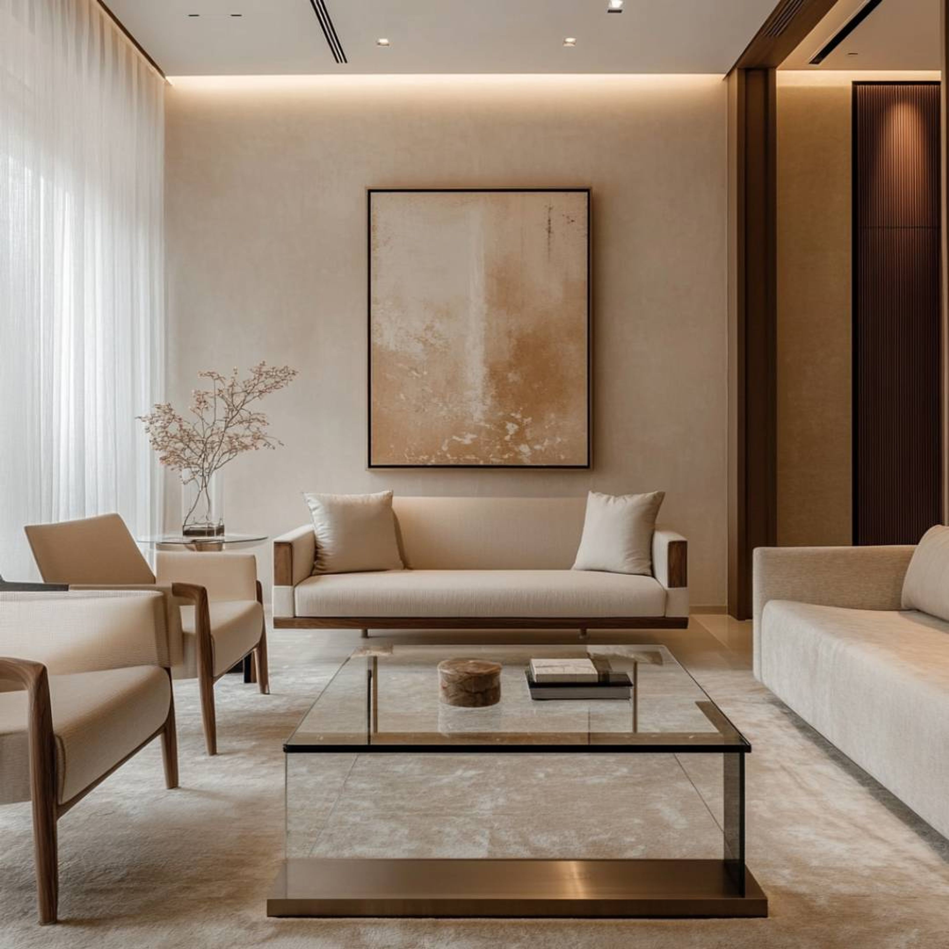 Living Room Design with Concealed Storage and Glass Coffee Table