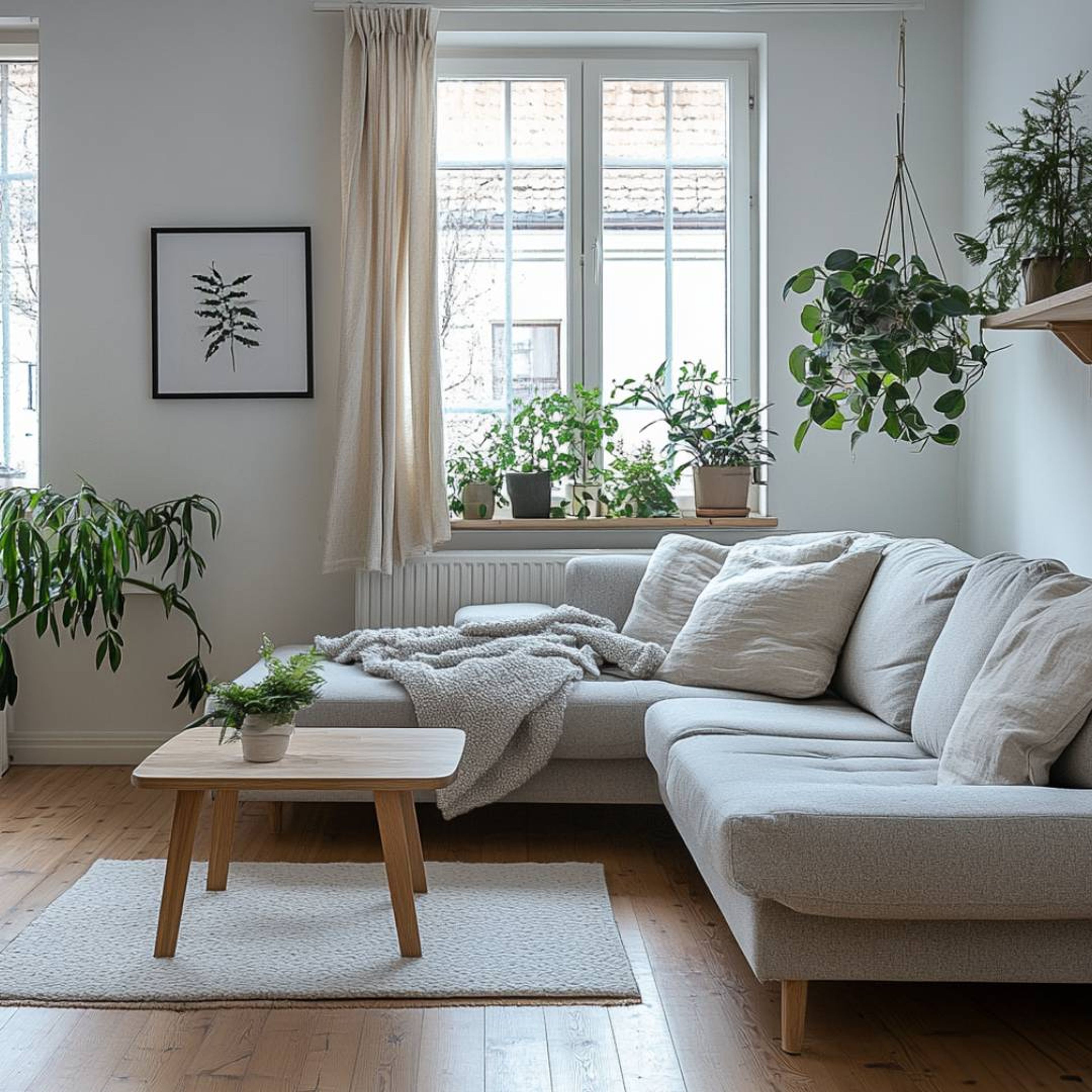 Living Room Design with Grey Sofa and Wooden Table