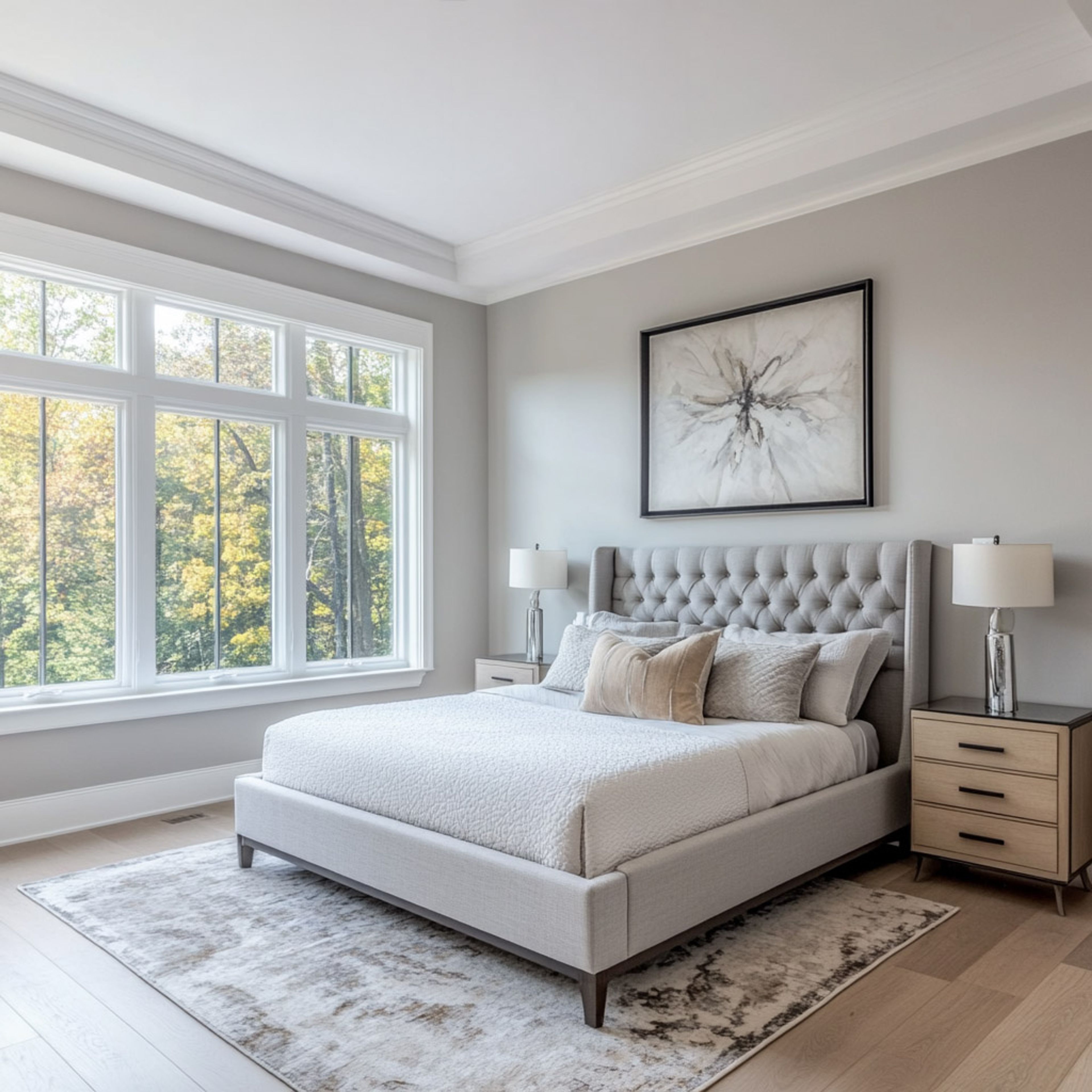 Master Bedroom Design with Abstract Artworks and Nightstands