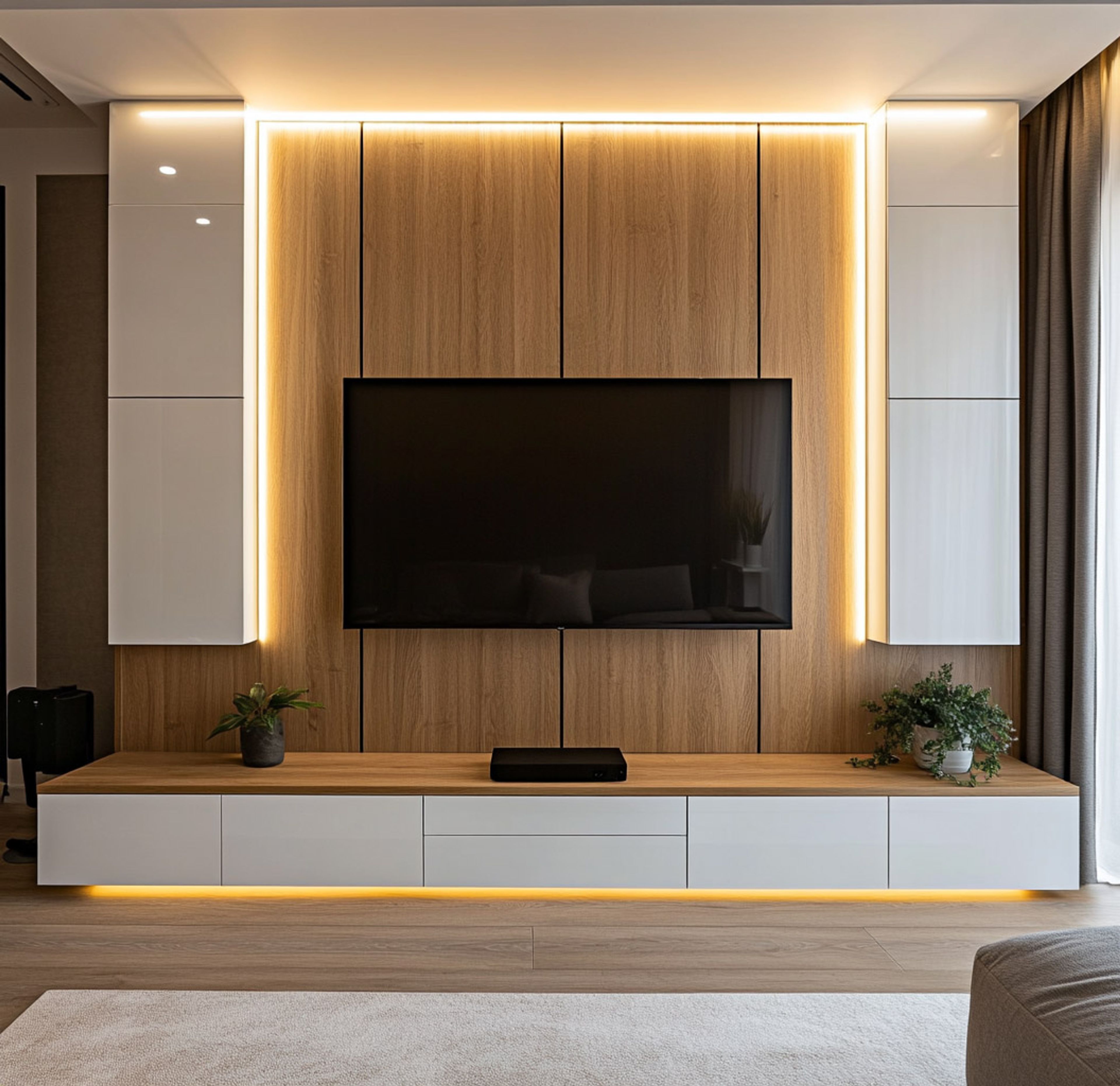 Floor-to-Ceiling Contemporary TV Unit Design in White and Wood Finish