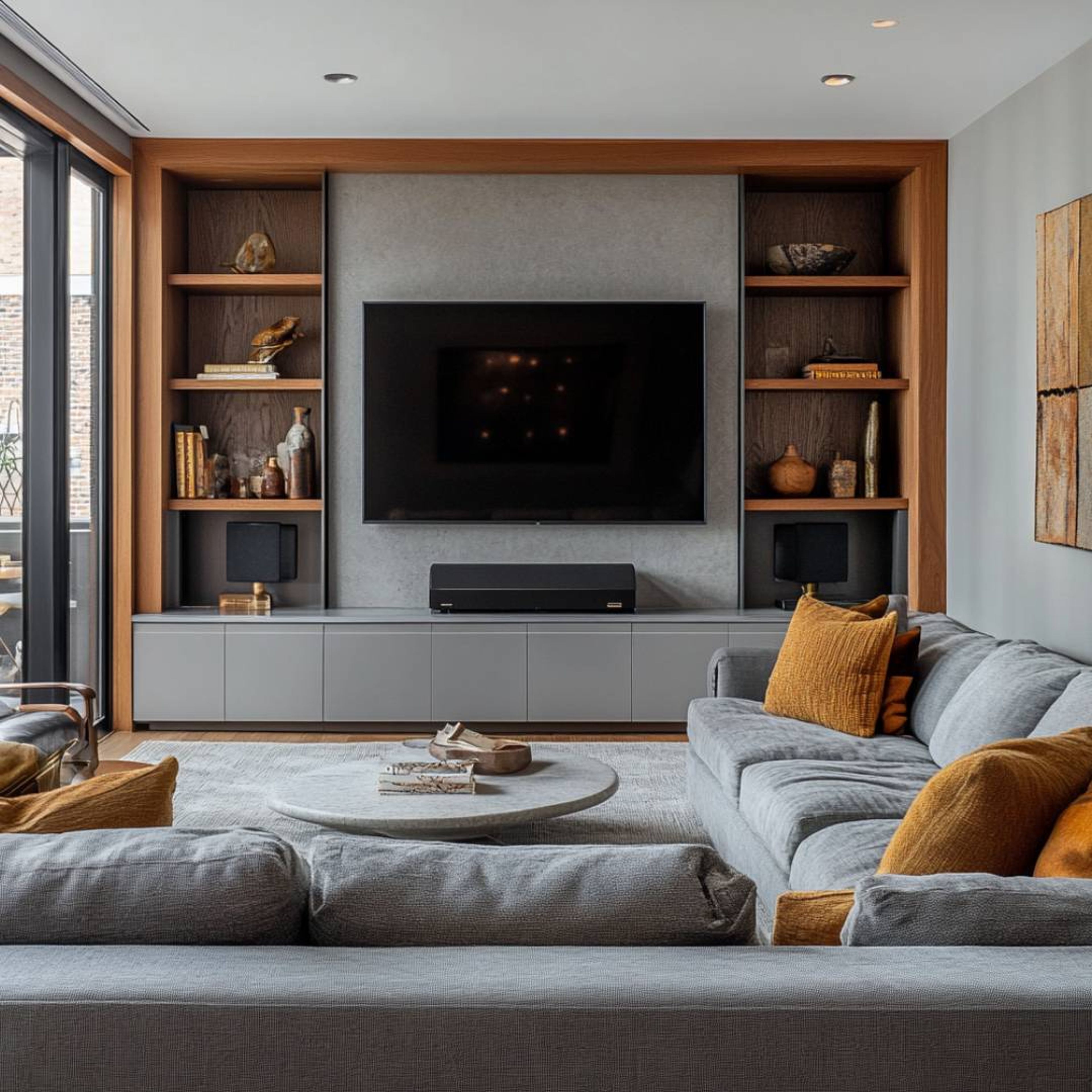 TV Unit Design With Wooden Frame and Suede Finish