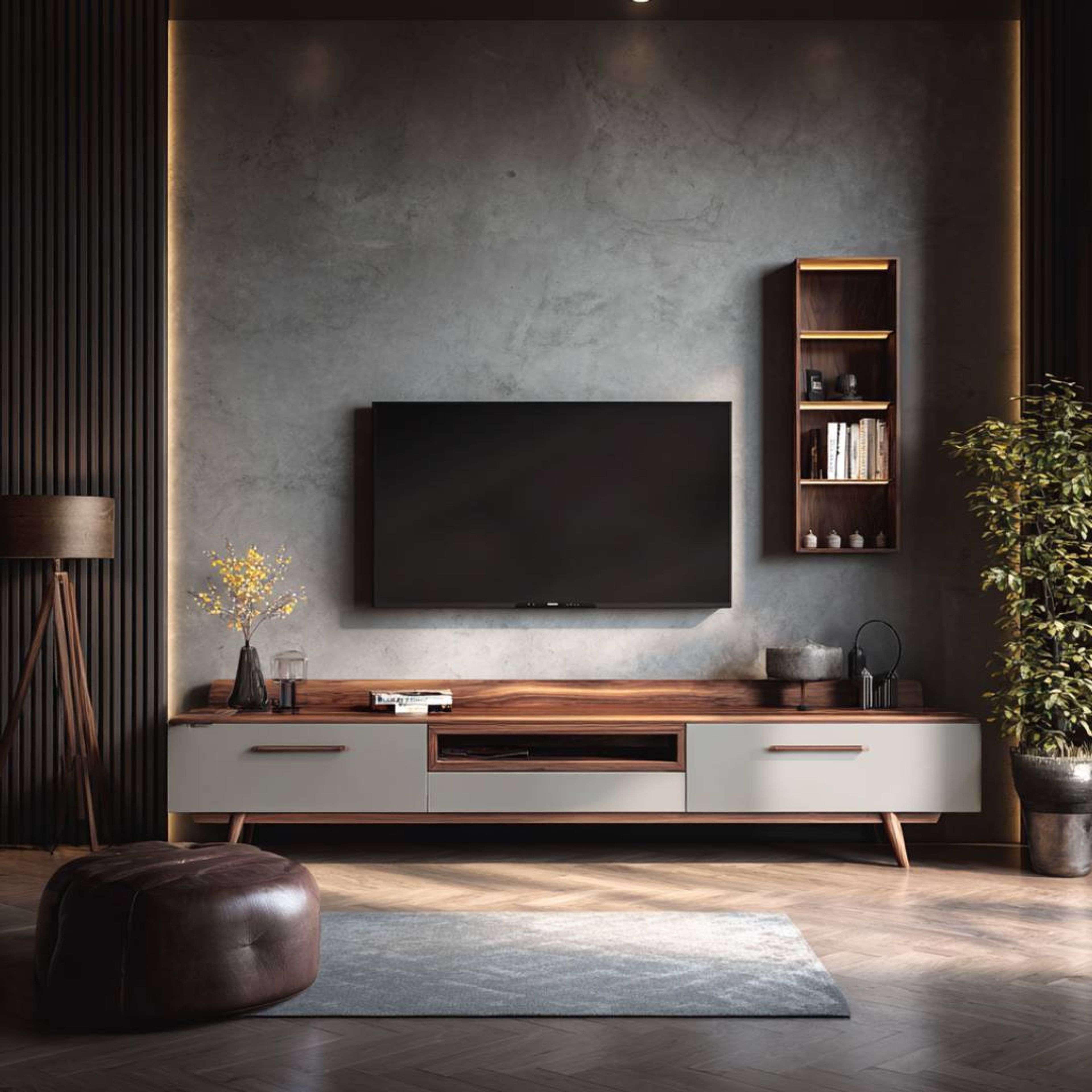 Matte-Finish TV Unit Design With Shelves and Drawers