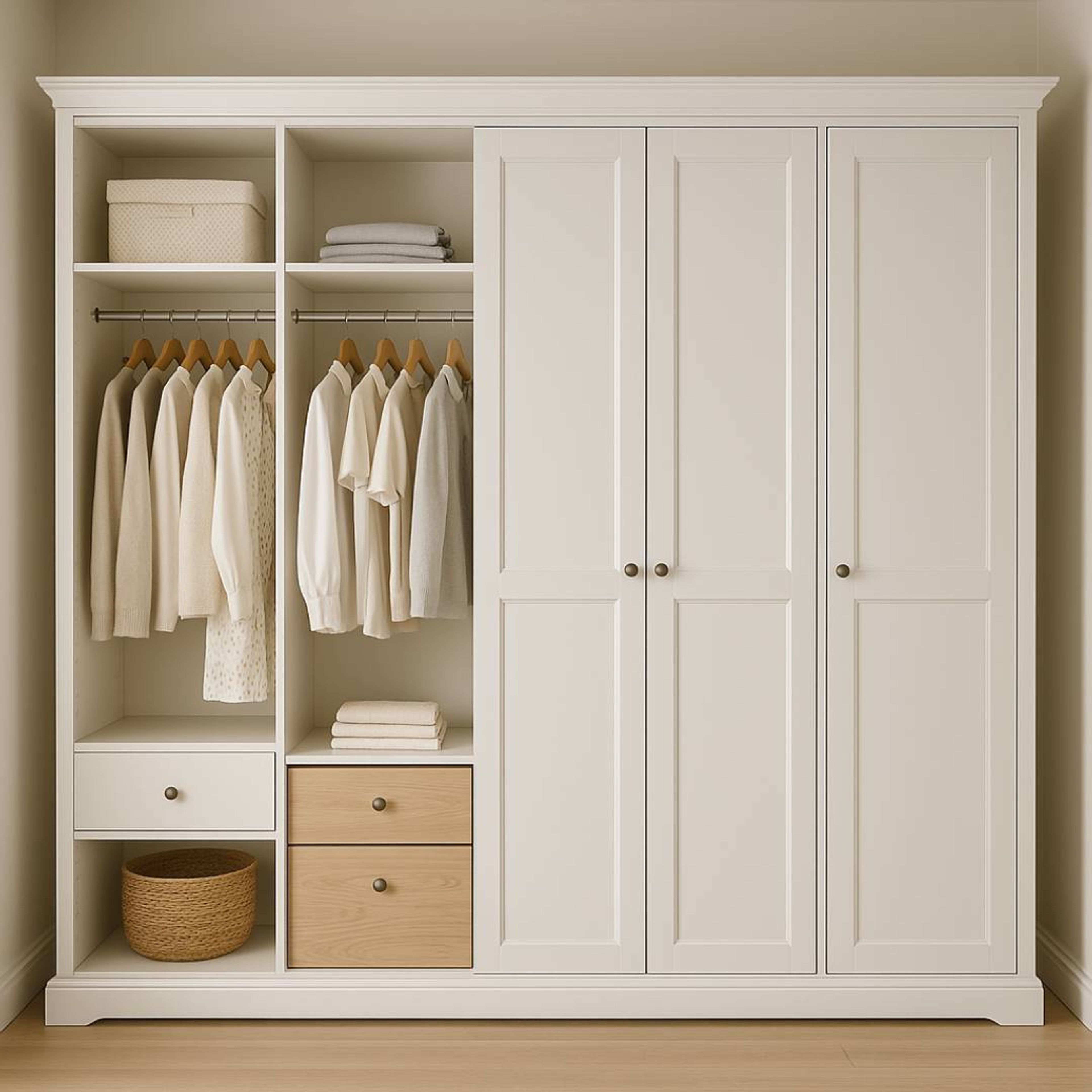 White 3-Door Wardrobe Design with Drawers and Shelving