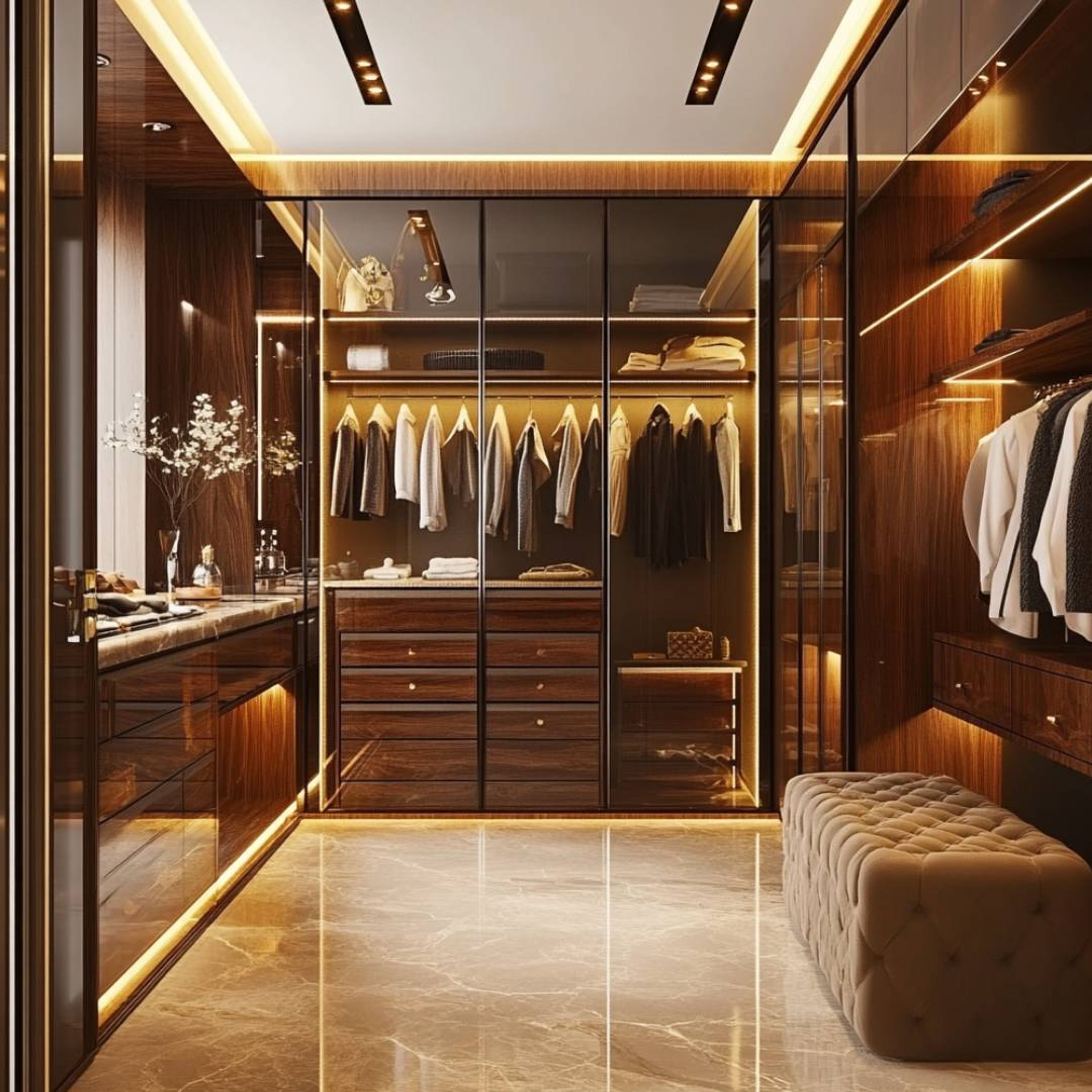 Glass Walk-In Wardrobe Design with Black Trim and LED Lighting