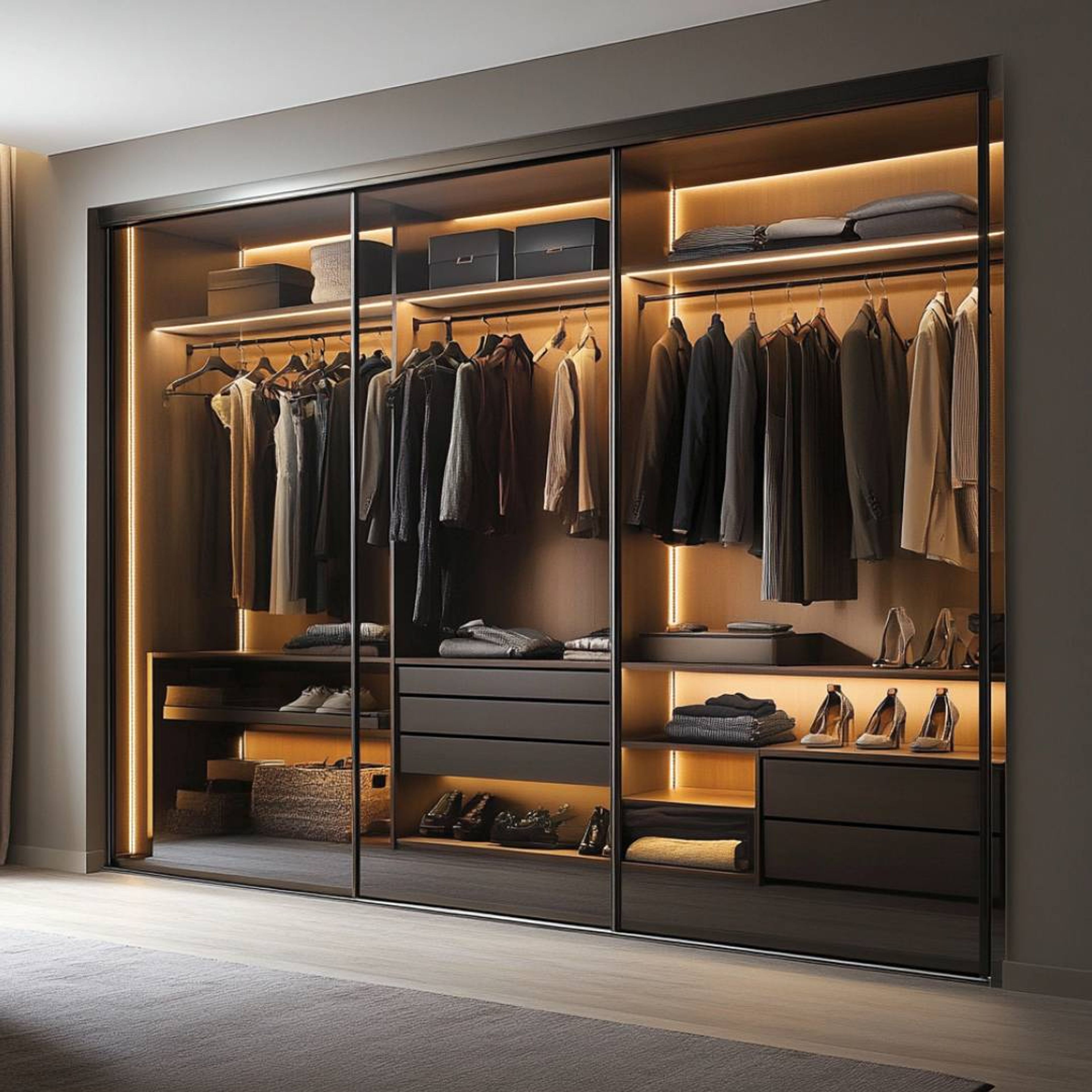 Sliding Glass Wardrobe Design with Black Frame and LED Lighting