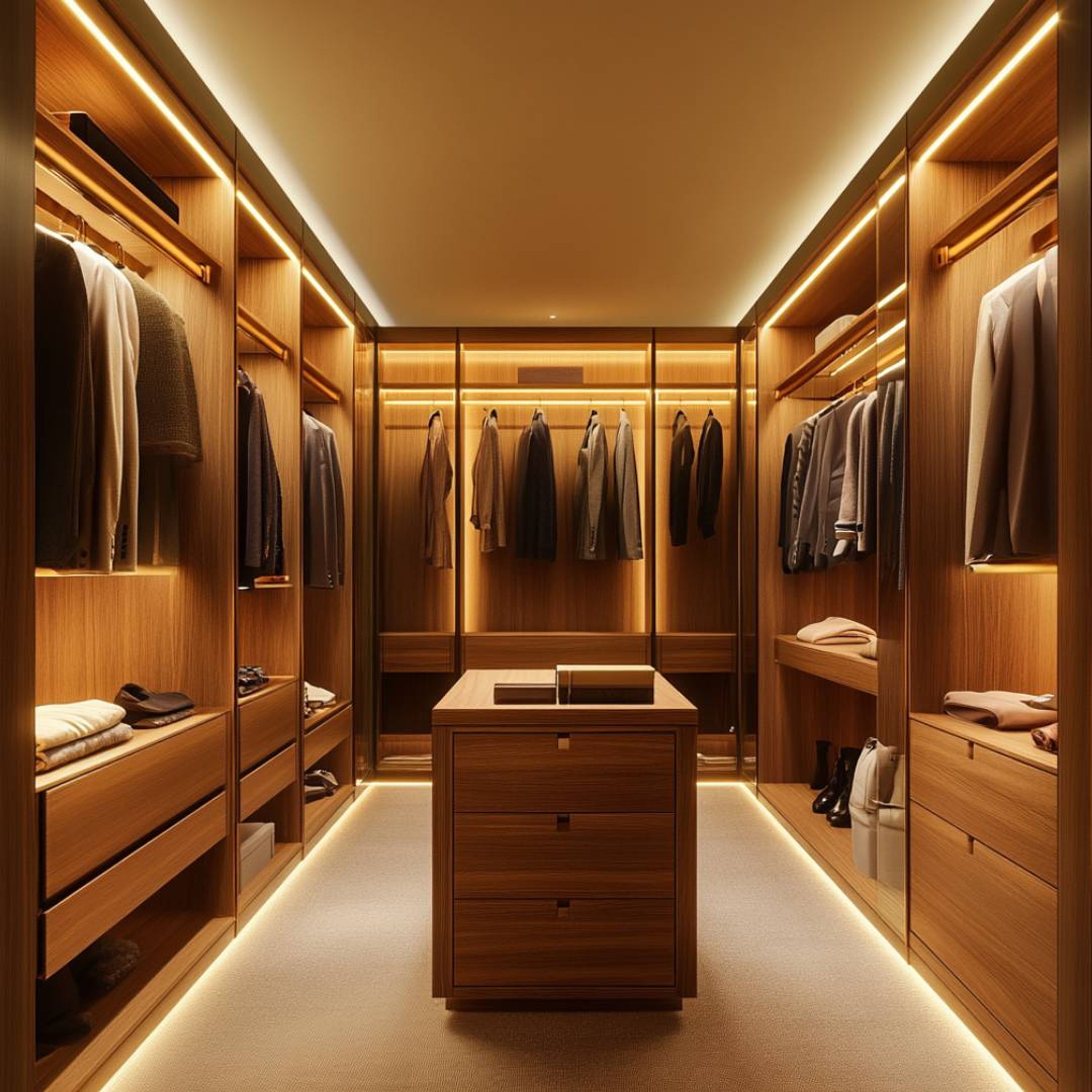 Brown Walk-In Wardrobe Design with Wooden Finish