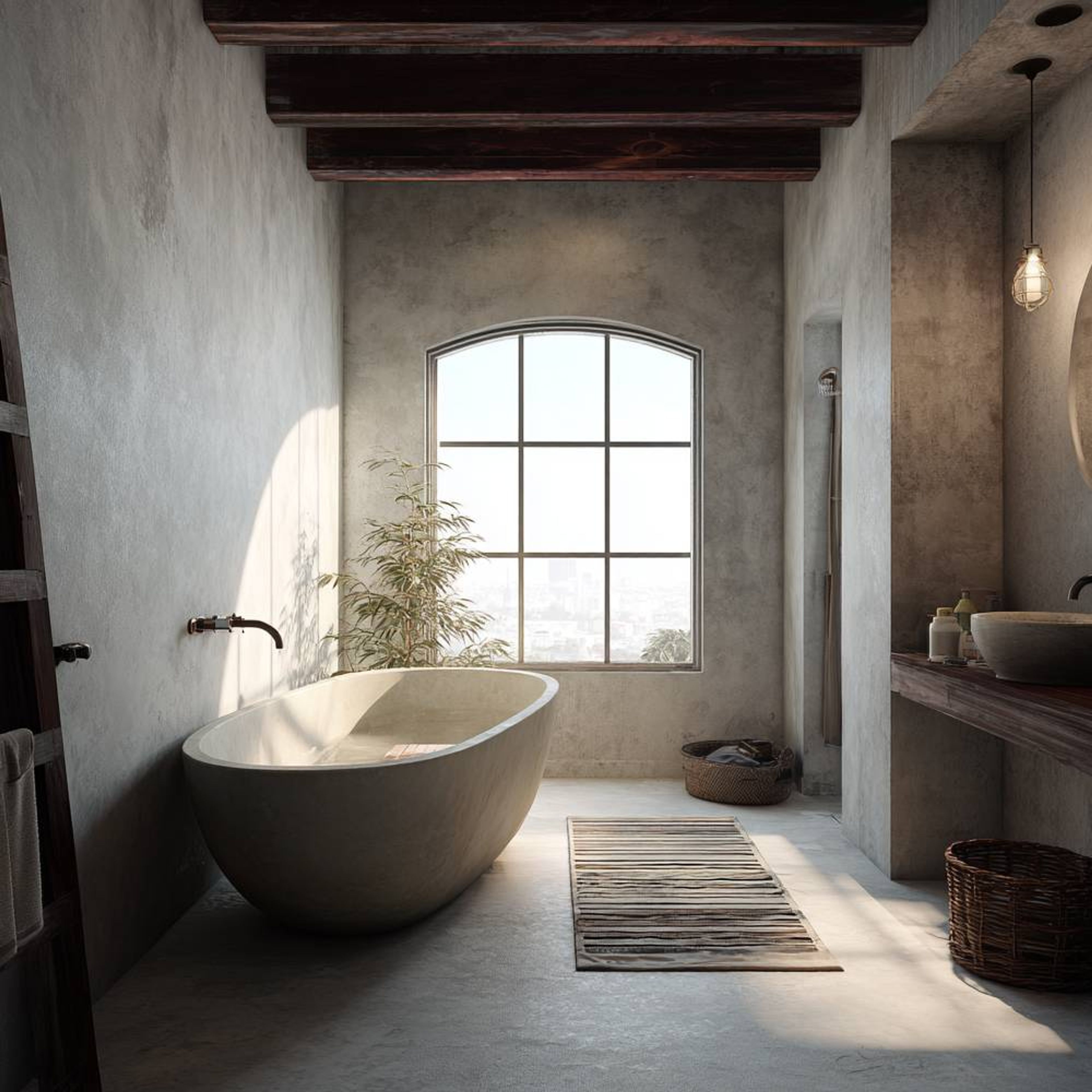 Rustic Bathroom Design with Grey-Beige Tiles and Round Mirror