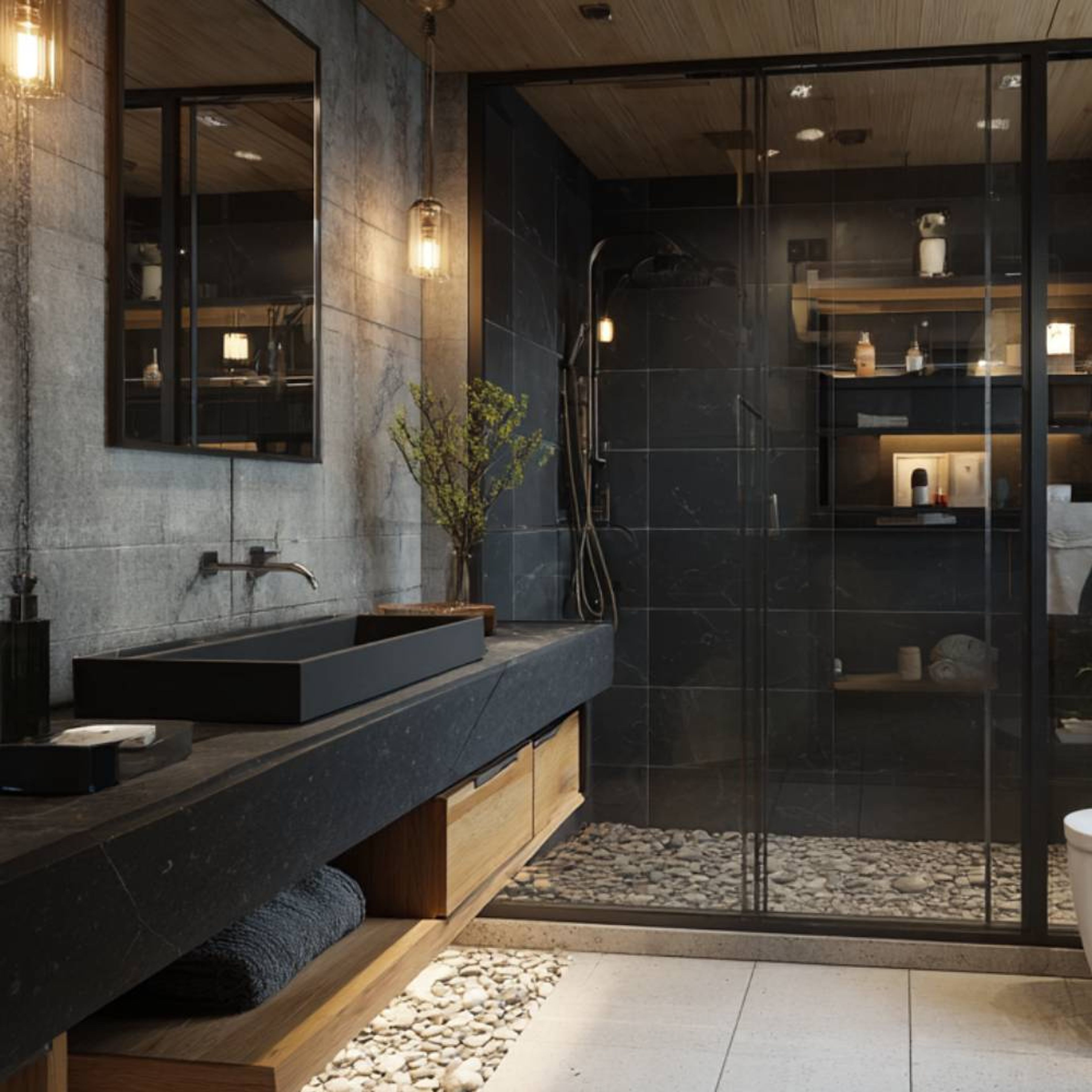 Rustic Bathroom Design with Pebble-Stone Shower and Black Vanity