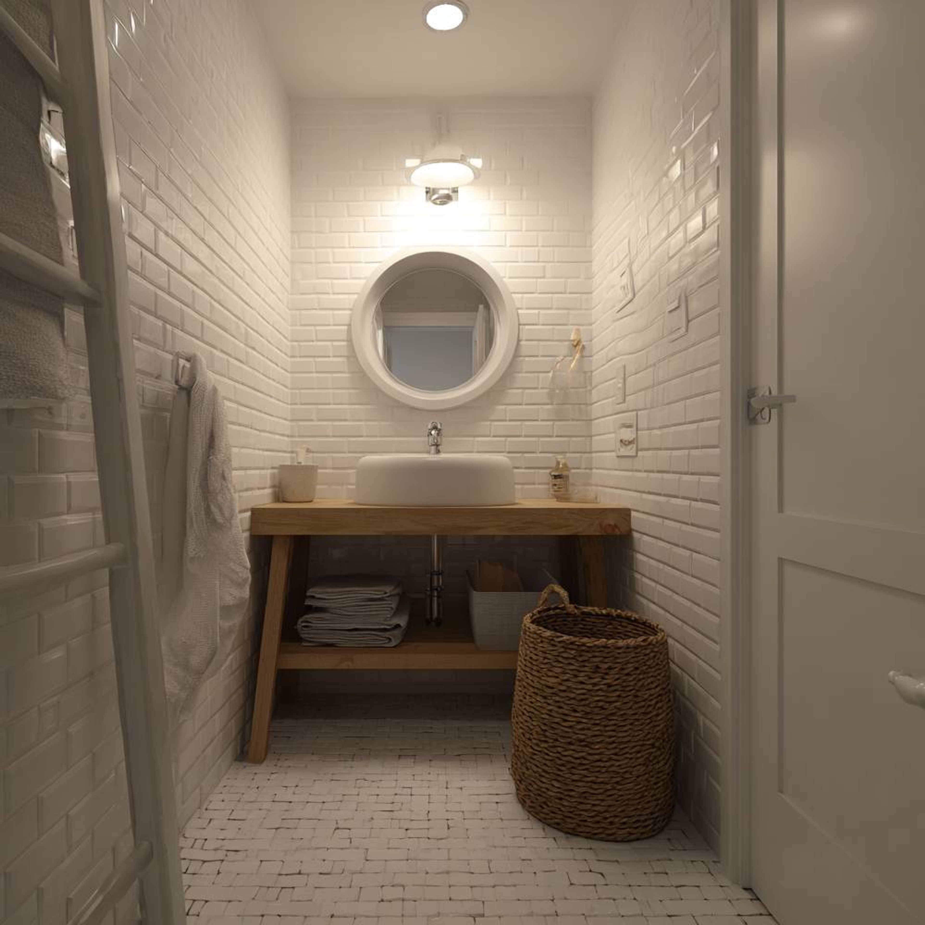 Minimal Bathroom Design with White Brick Wall and Wooden Vanity