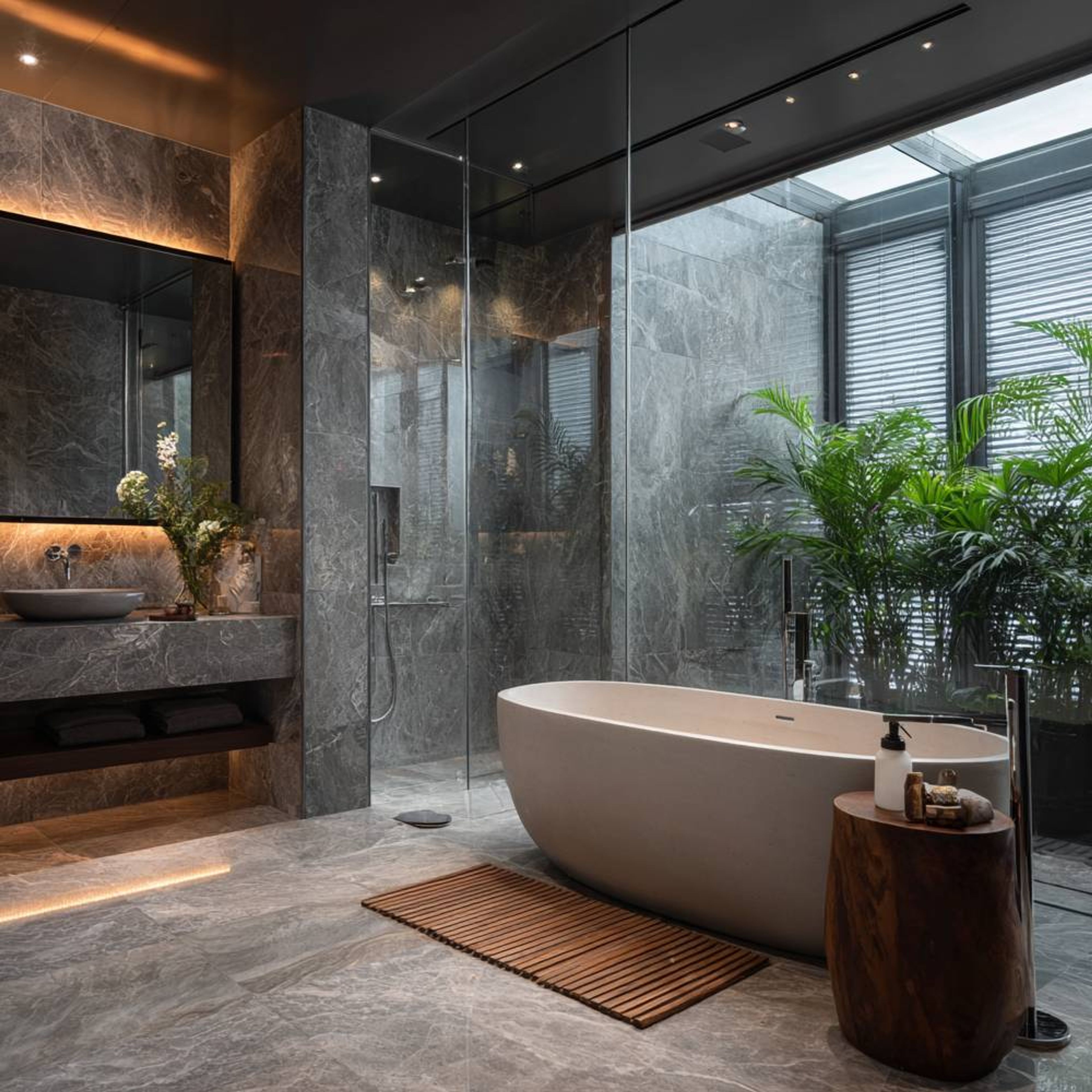 Bathroom Design with Grey Marble and Vanity